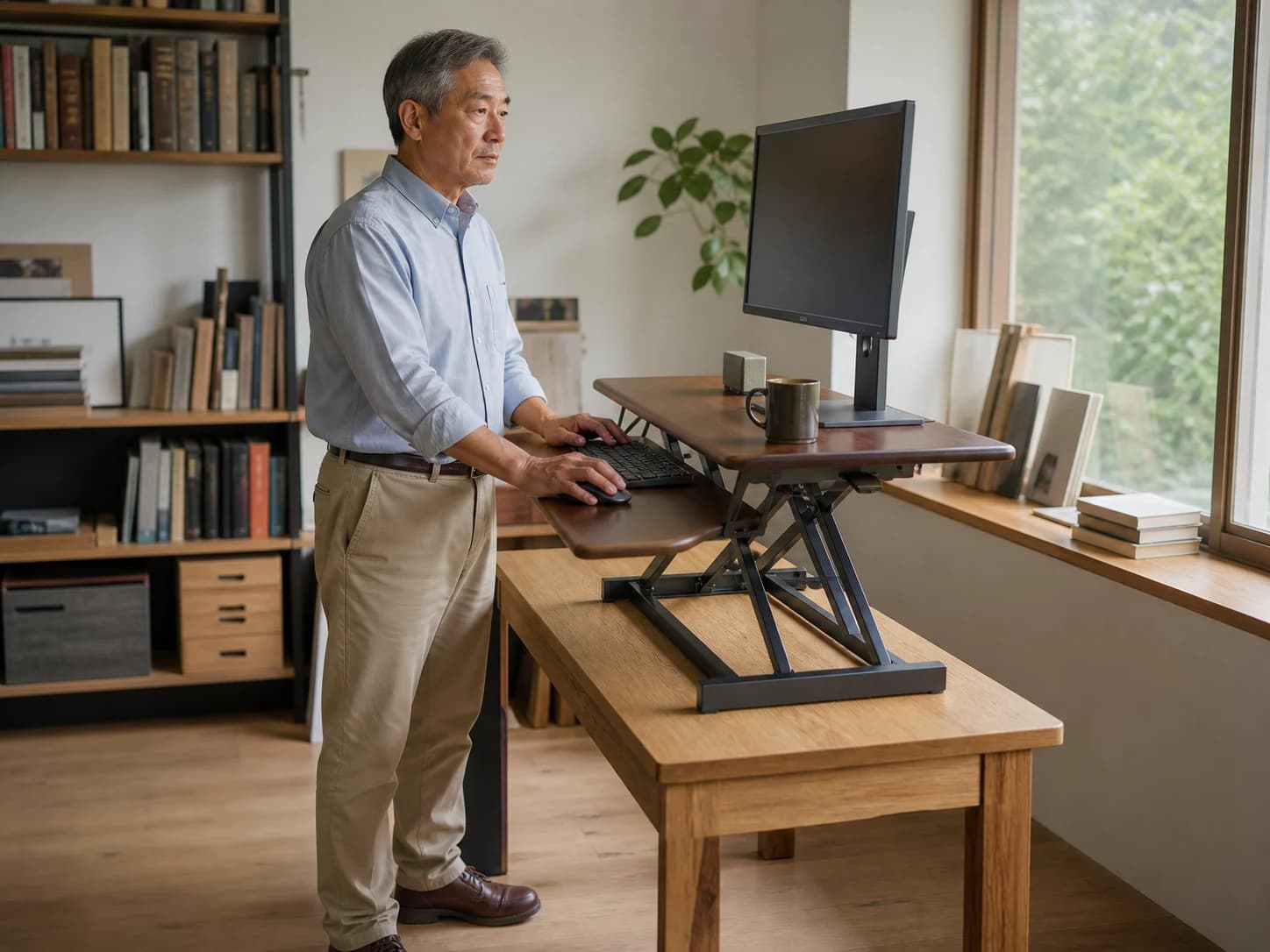 Person working while standing at the walnut-colour WoodRise desk converter