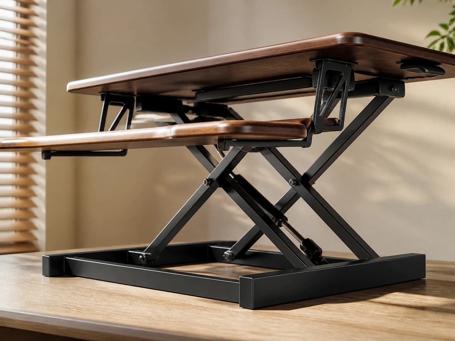 Low side view of the WoodRise steel base and crossed lifting frame