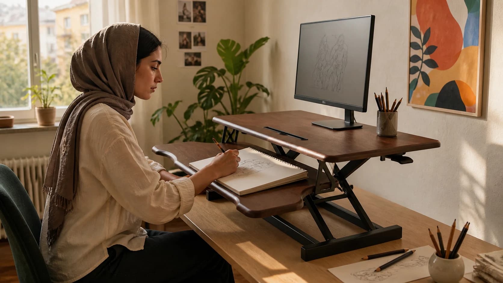 Person using WoodRise for standing work in a bright home office