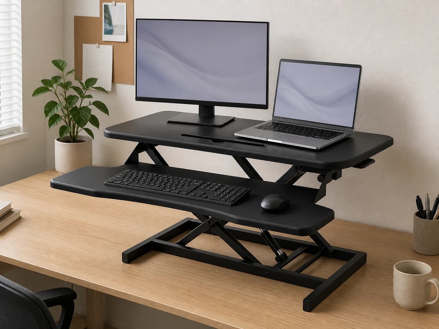 Black two-tier SwiftLift organized with a display above and keyboard and mouse below