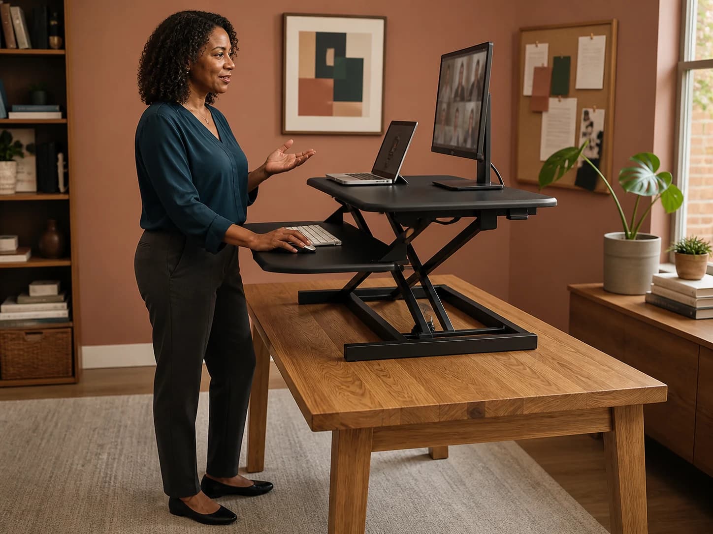 Person standing naturally while working at the black two-tier SwiftLift desk riser