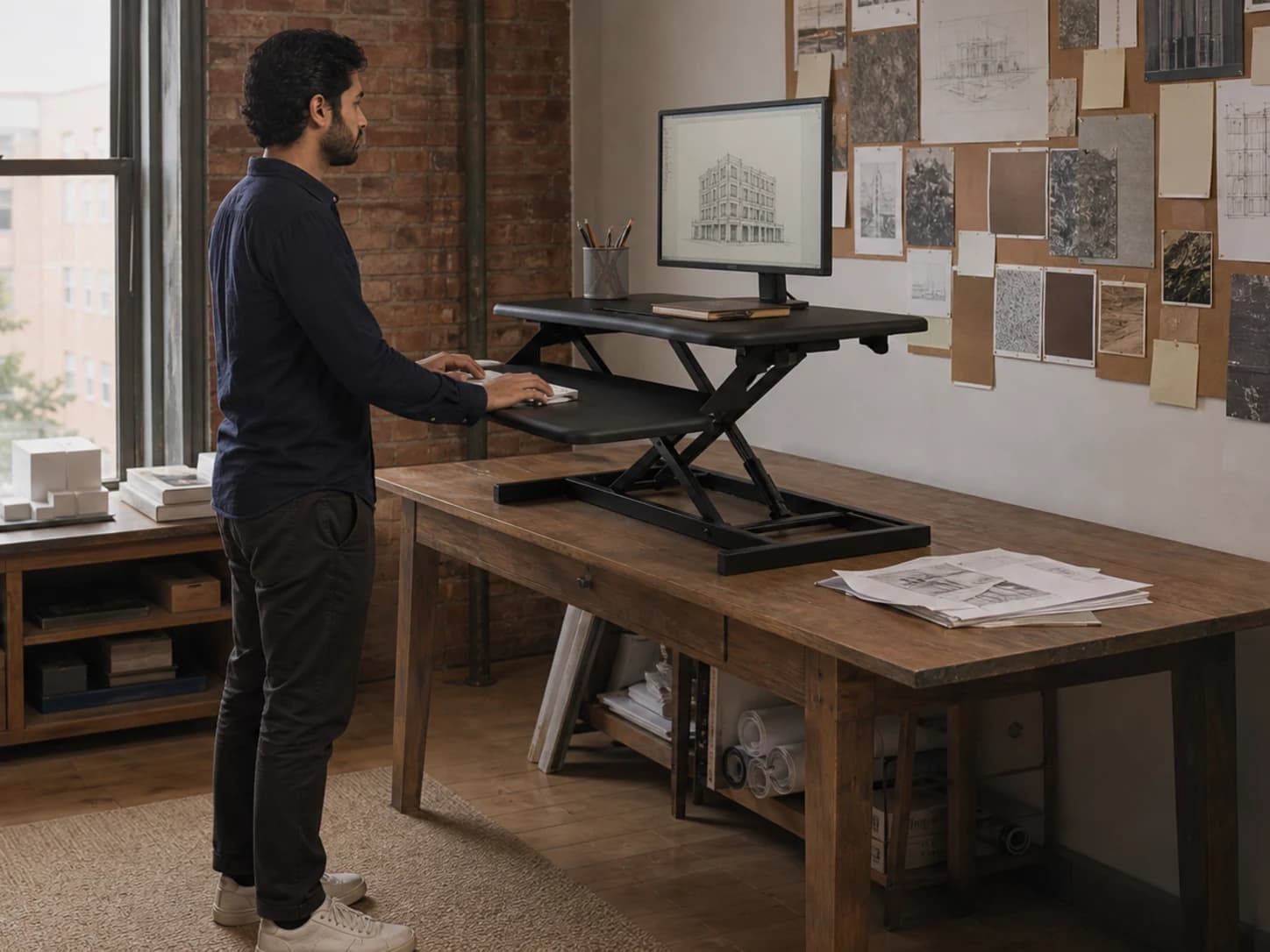 Person using the raised two-tier SwiftLift desk riser in a natural home office