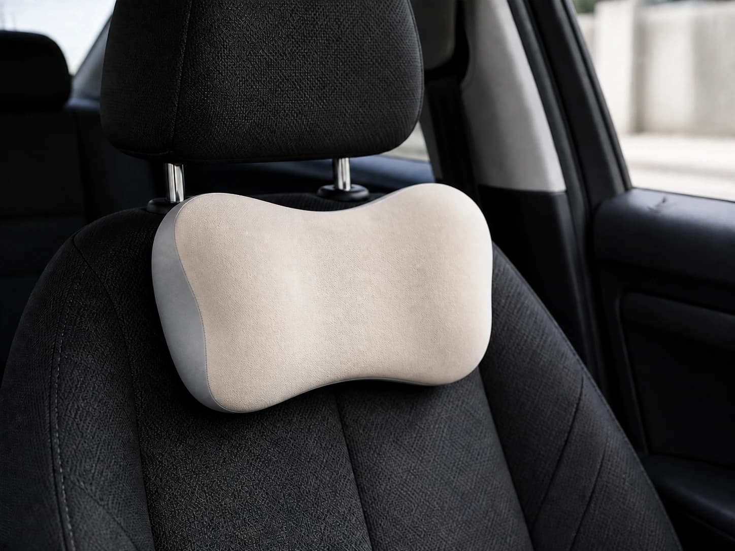 Close view of the compact DriveNest headrest cushion installed below a vehicle head restraint