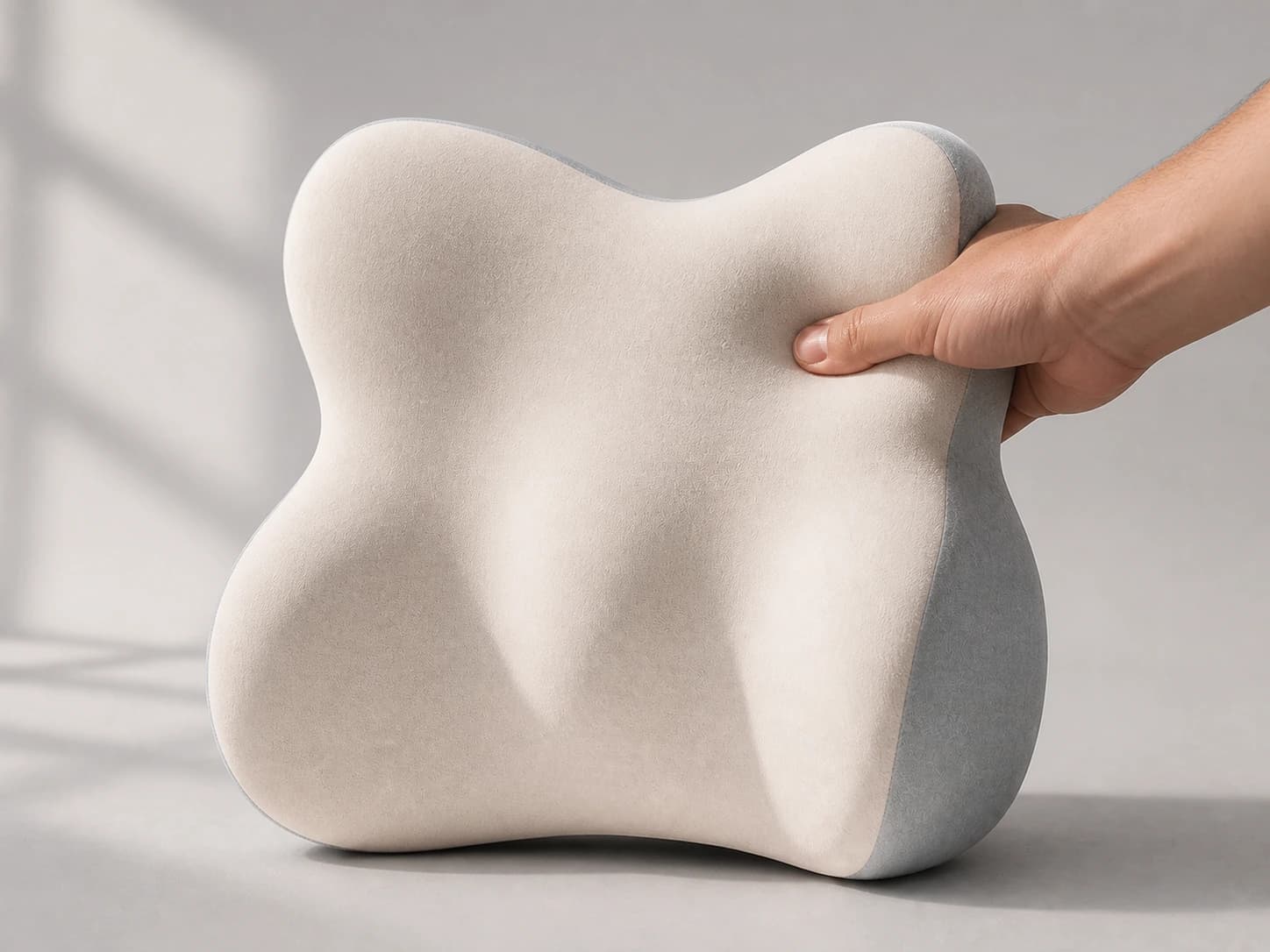 Hand gently pressing the beige DriveNest cushion surface