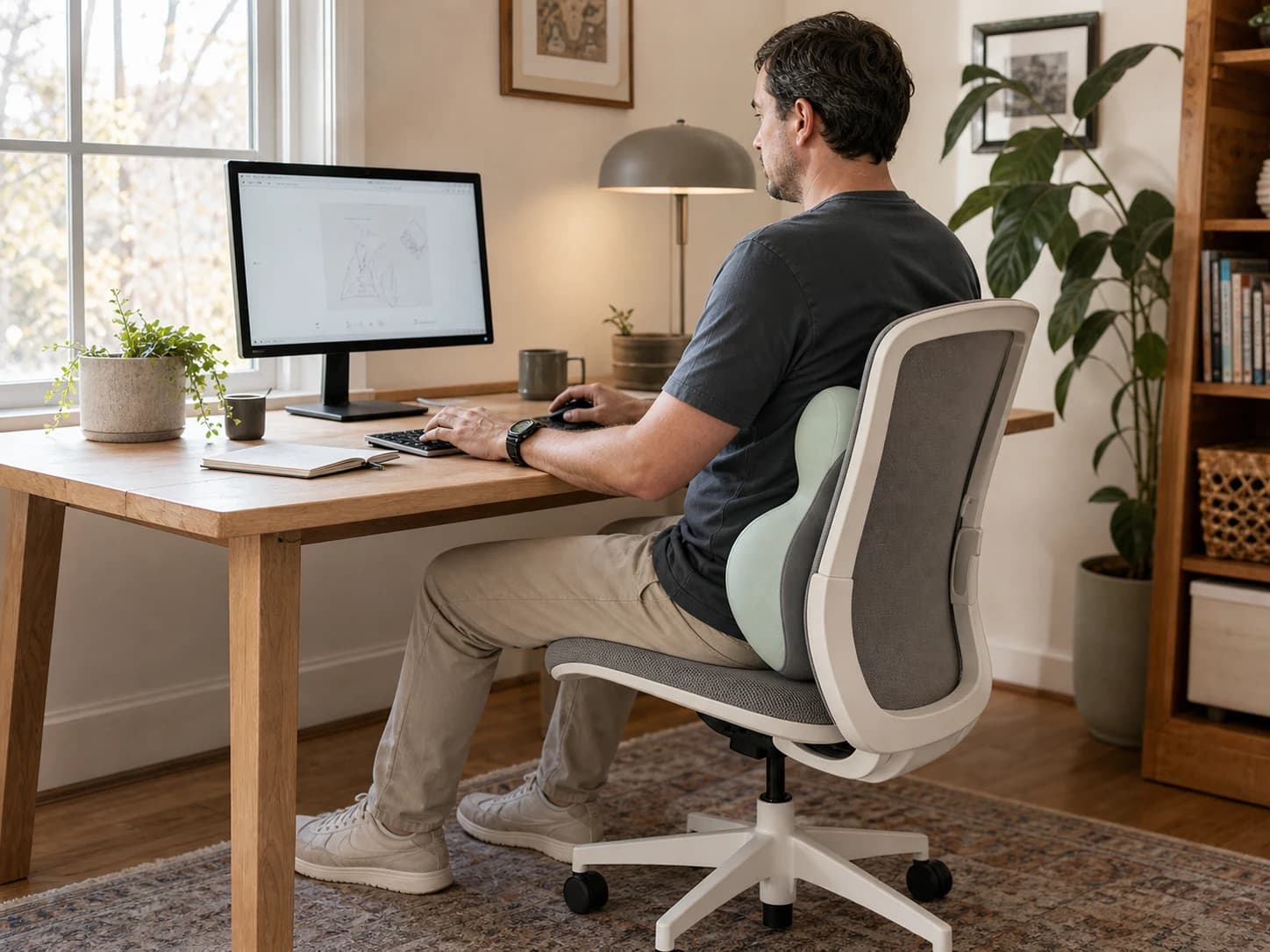 Person working naturally with LumaWing positioned at the lower back