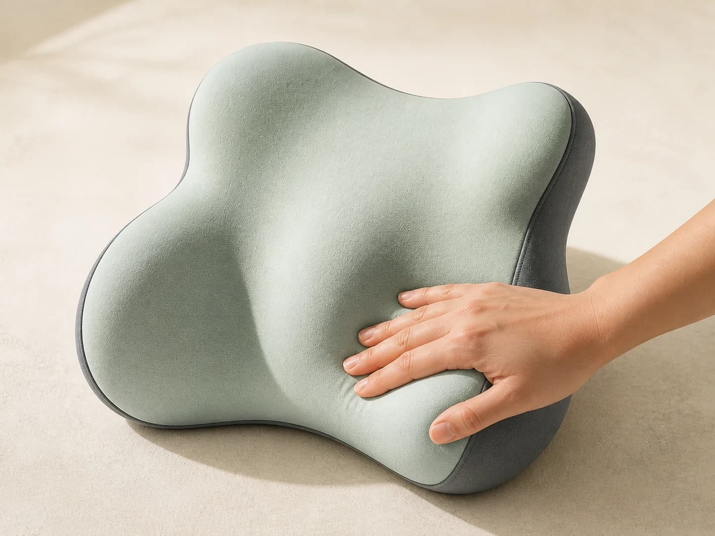Hand gently pressing the LumaWing slow-rebound memory-foam surface