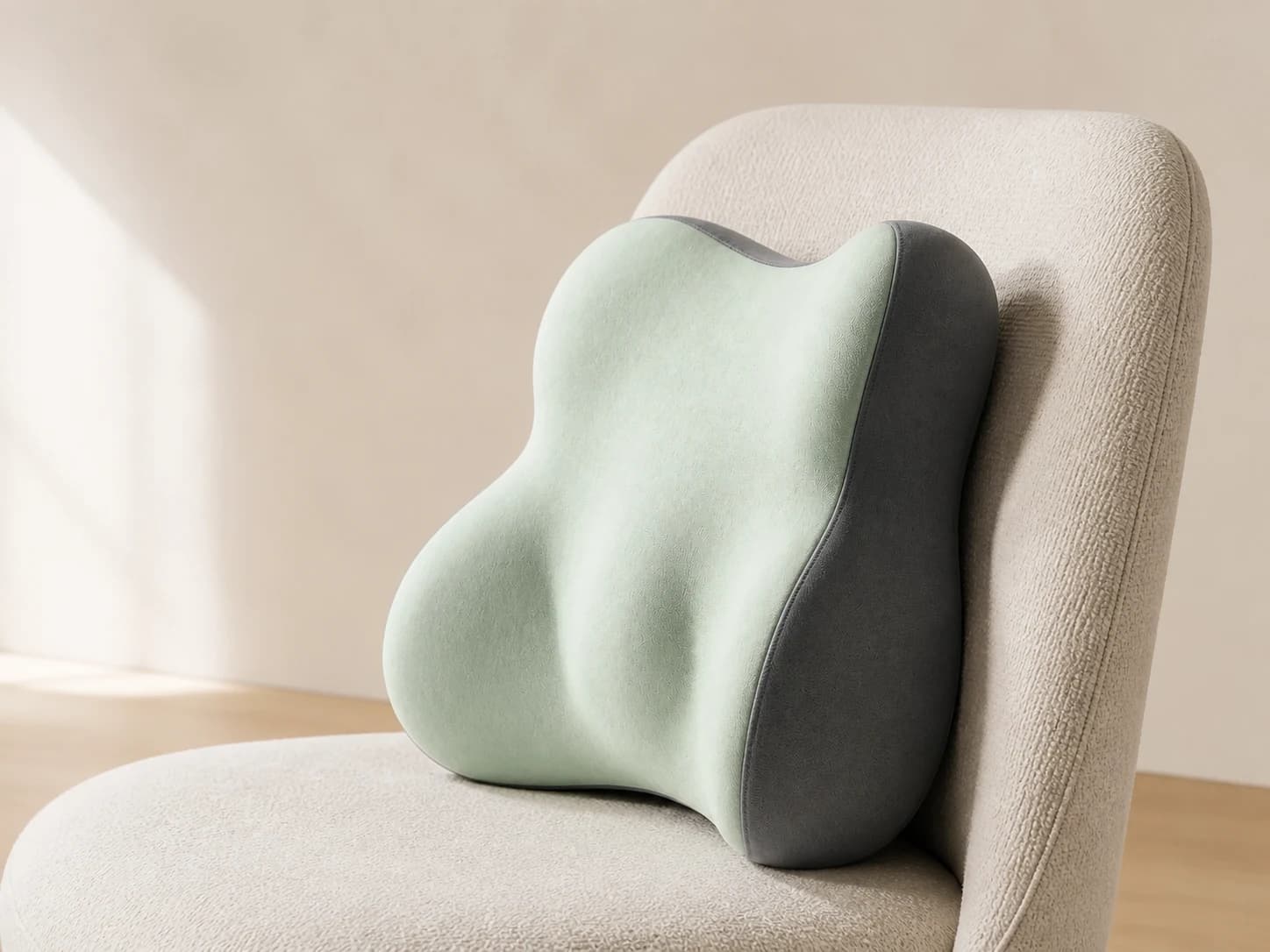 Side profile showing the depth and fixed contour of LumaWing against a chair back