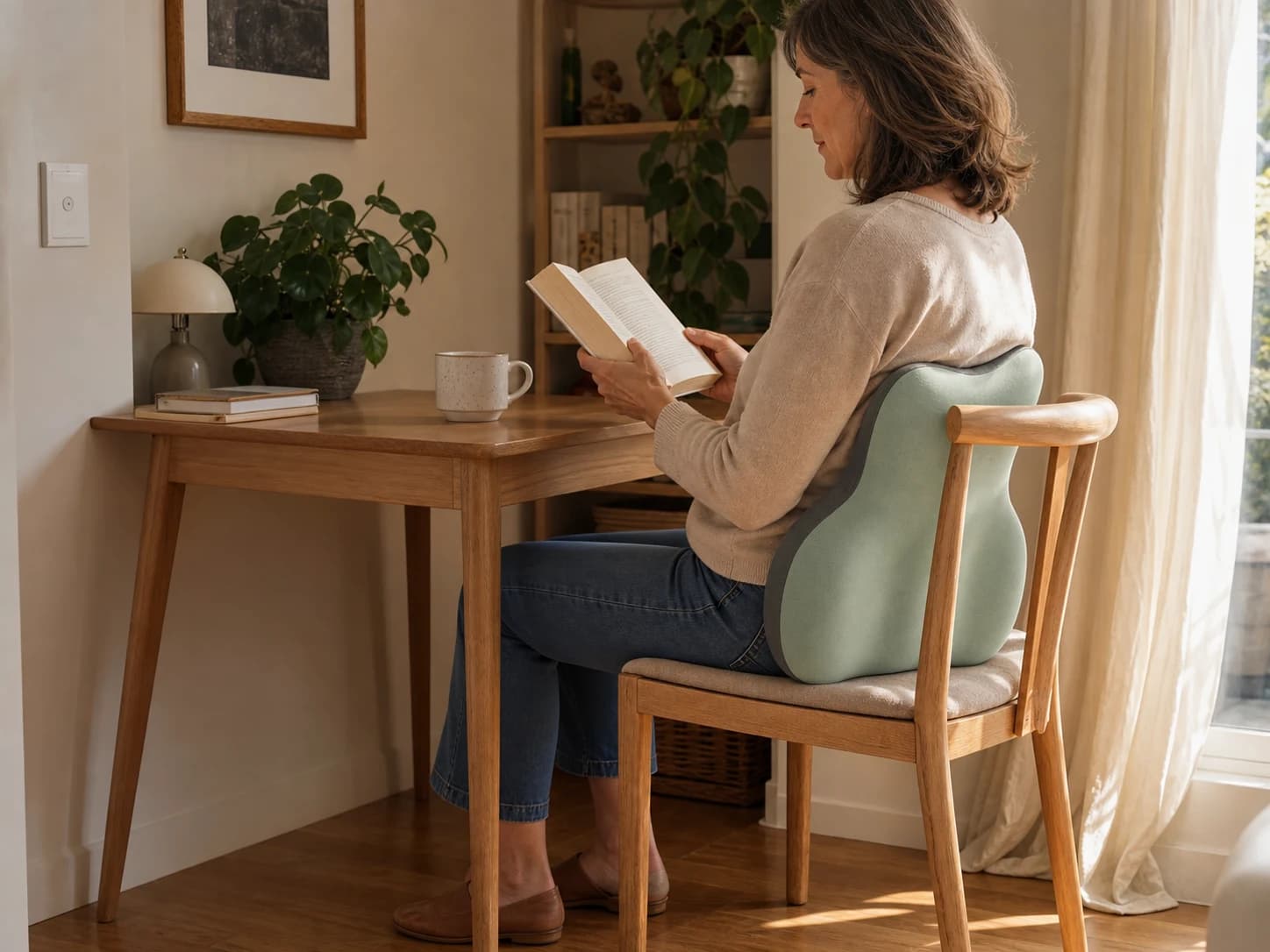 Woman reading in a home work nook with LumaWing at her lower back