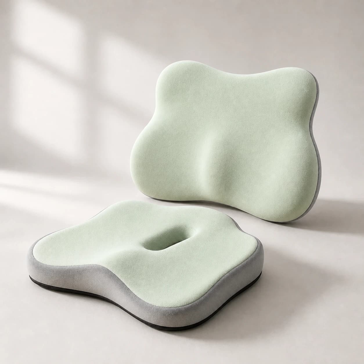 SitContour Duo green-and-gray seat and lumbar cushions on a warm studio set