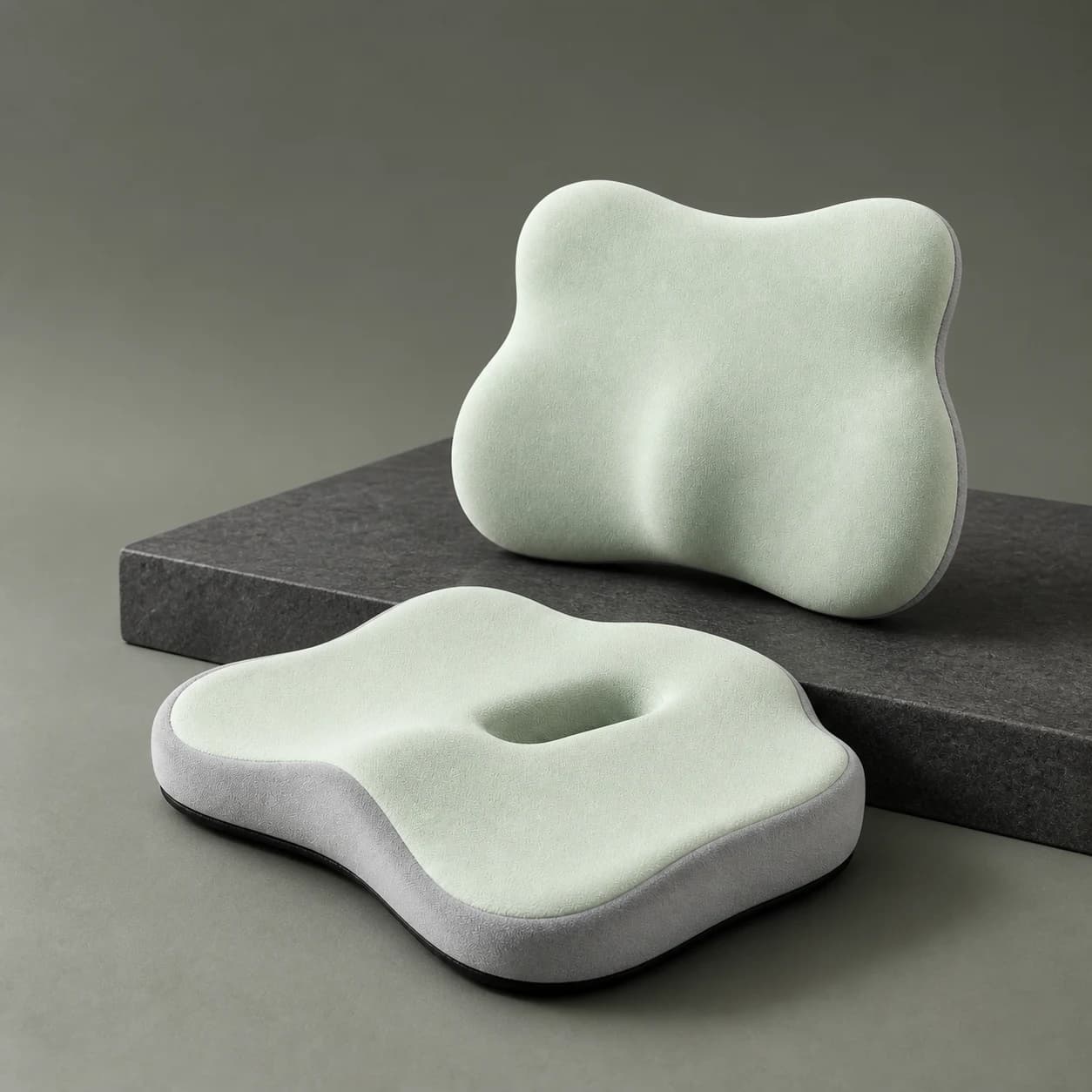 Angled studio view of the separate SitContour seat and lumbar cushions
