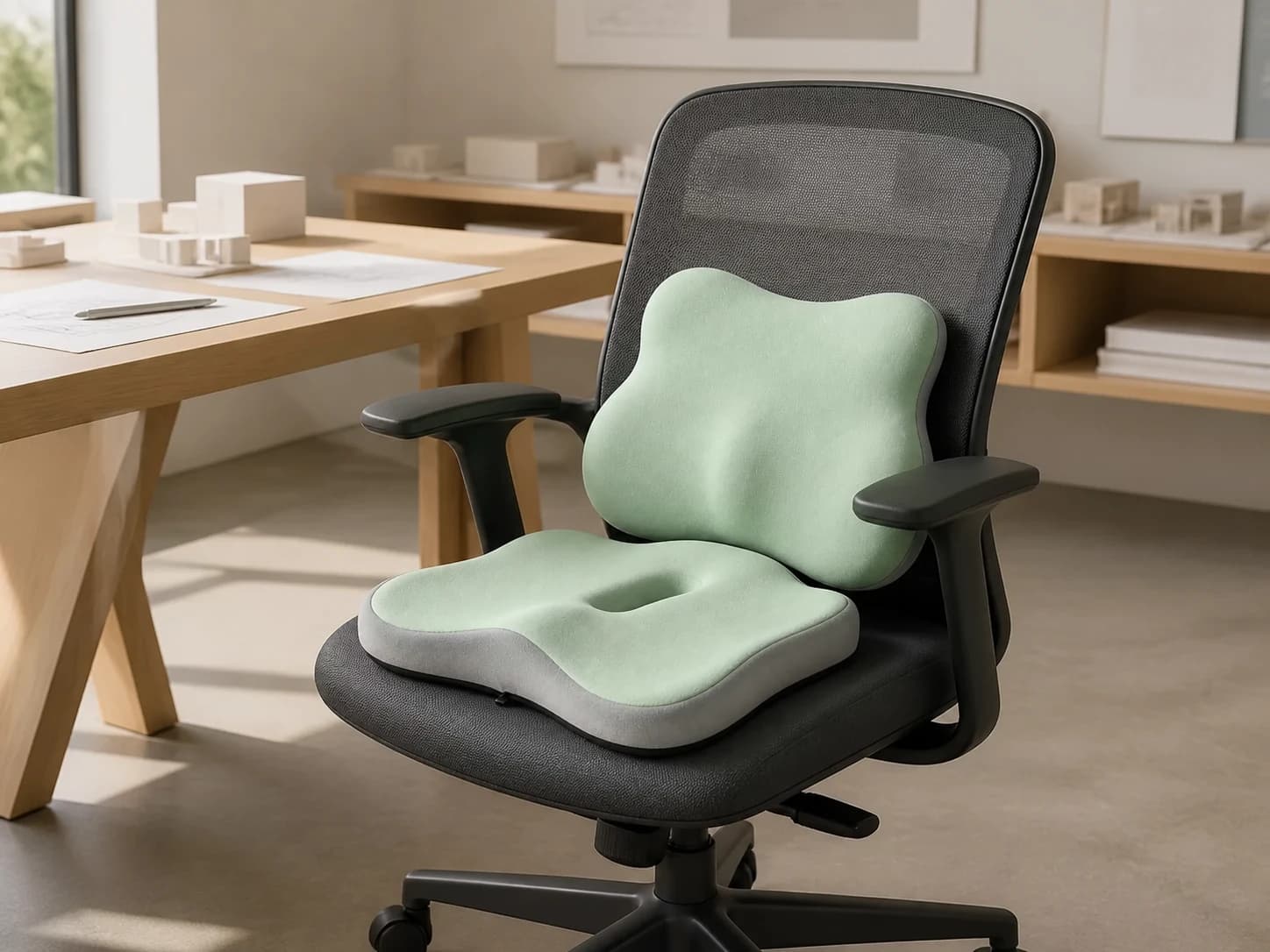 SitContour Duo placed on an empty graphite office chair