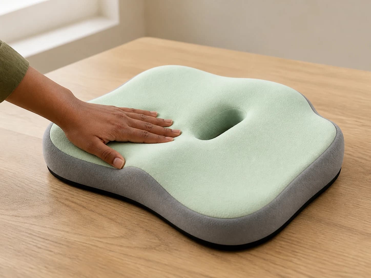 Hand gently pressing the SitContour seat-cushion surface