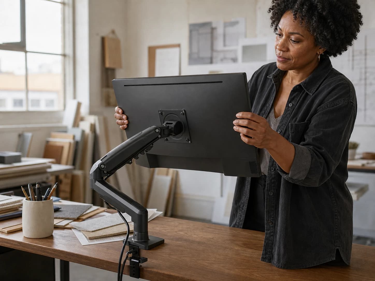 Woman carefully repositioning one monitor supported by the black ViewGlide arm