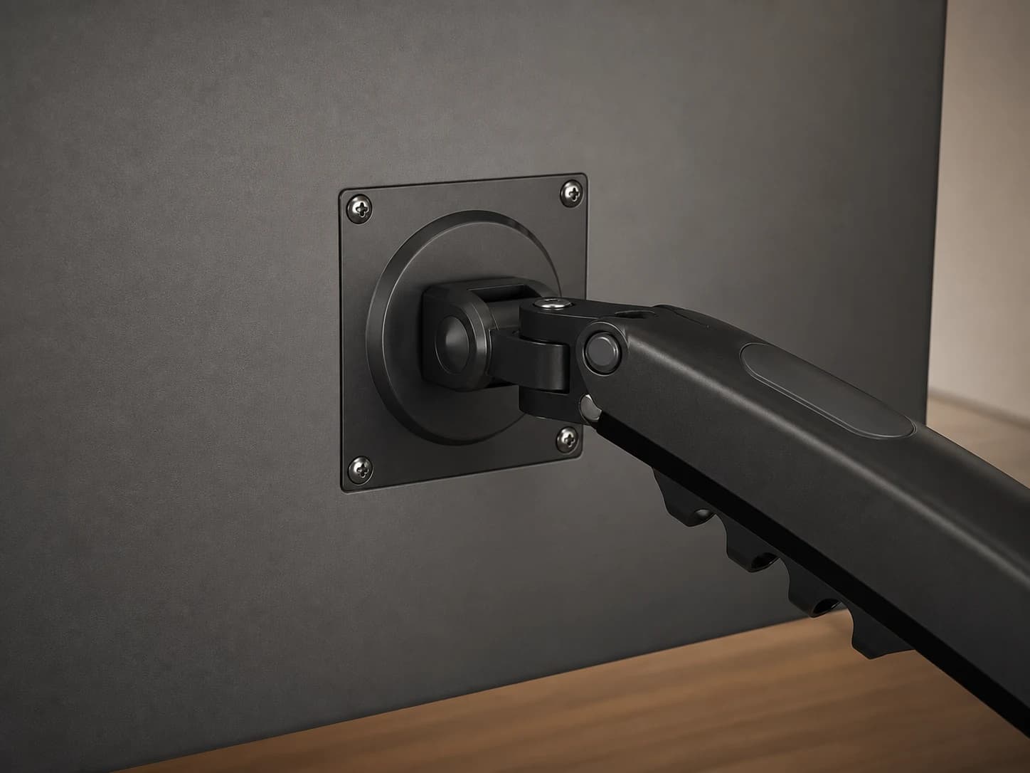 Close view of the ViewGlide square VESA plate, circular head joint, and upper arm