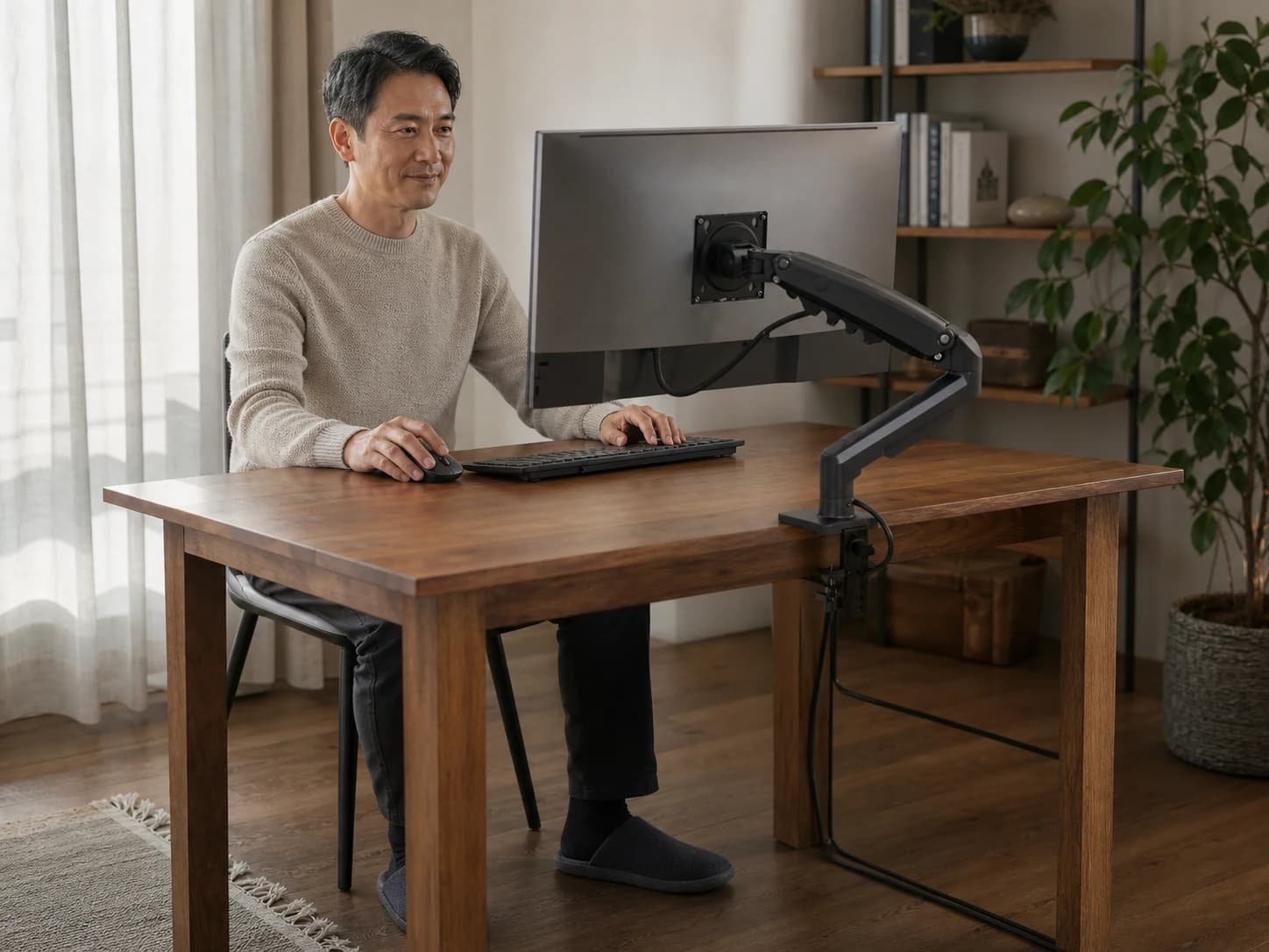 Person working at a home desk with one monitor mounted on the black ViewGlide arm