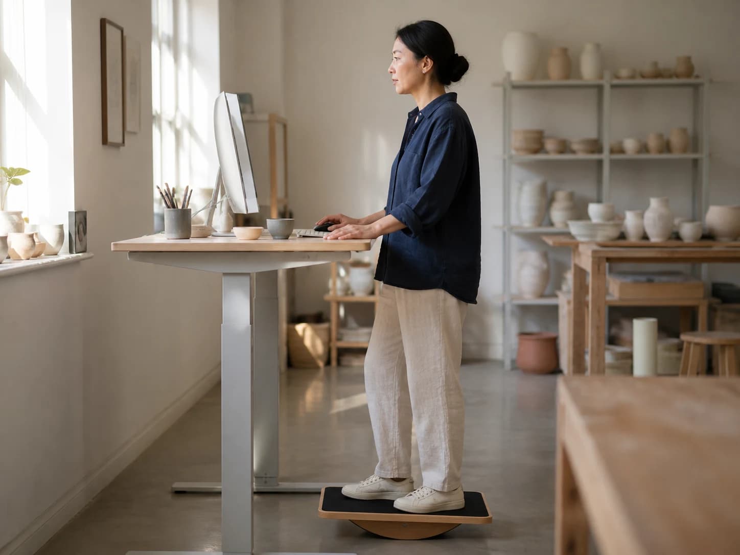 Person making a controlled standing shift on the PivotArc board in a pottery studio