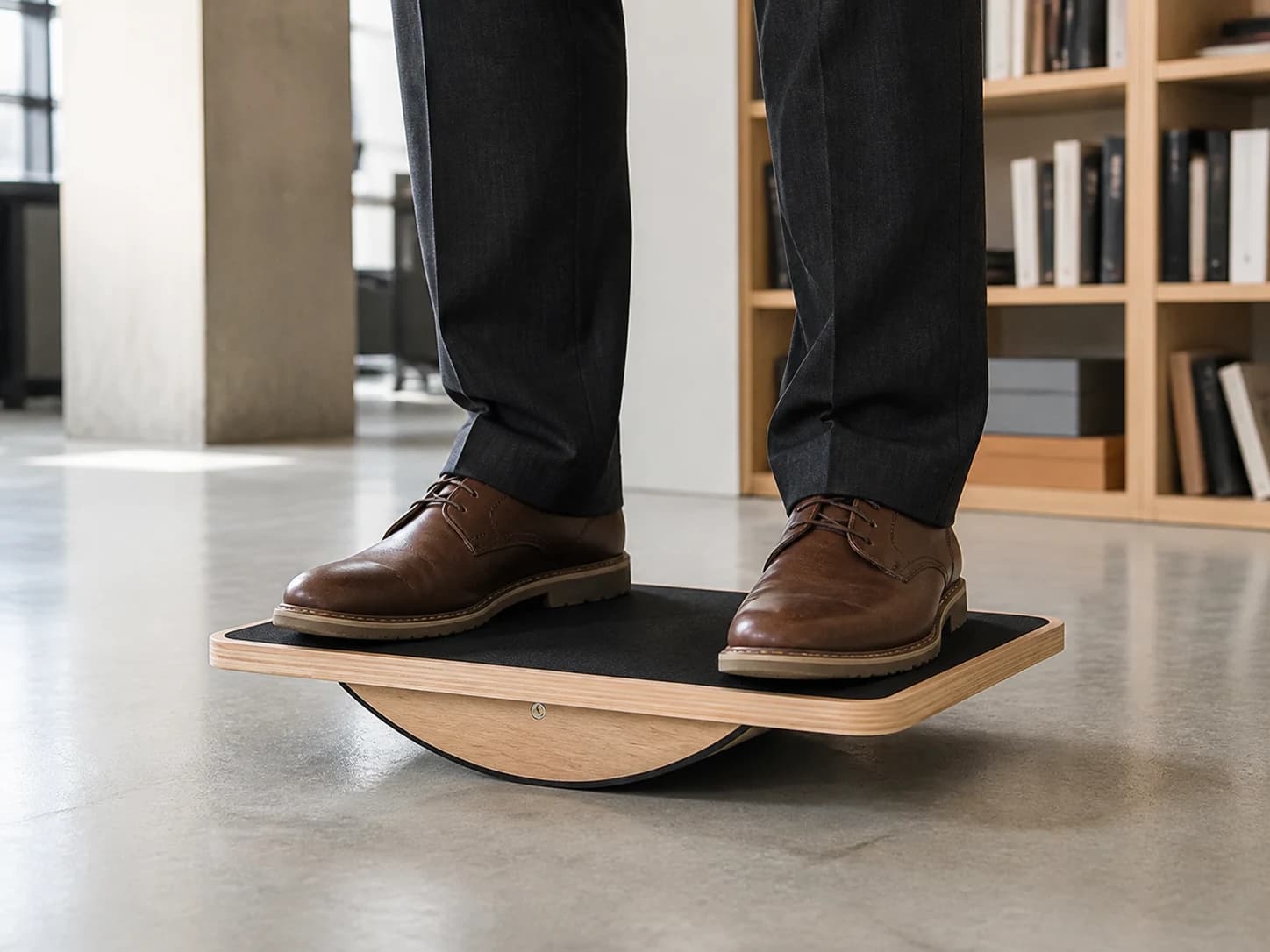 Standing user making a small controlled tilt on the PivotArc balance board