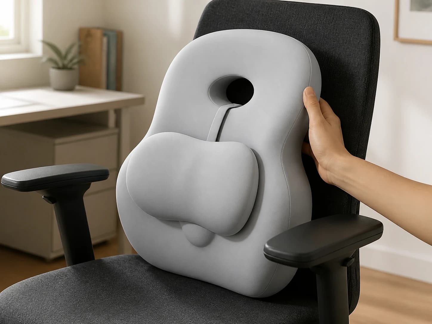 Hand repositioning the one-piece HaloBack cushion on an empty office chair