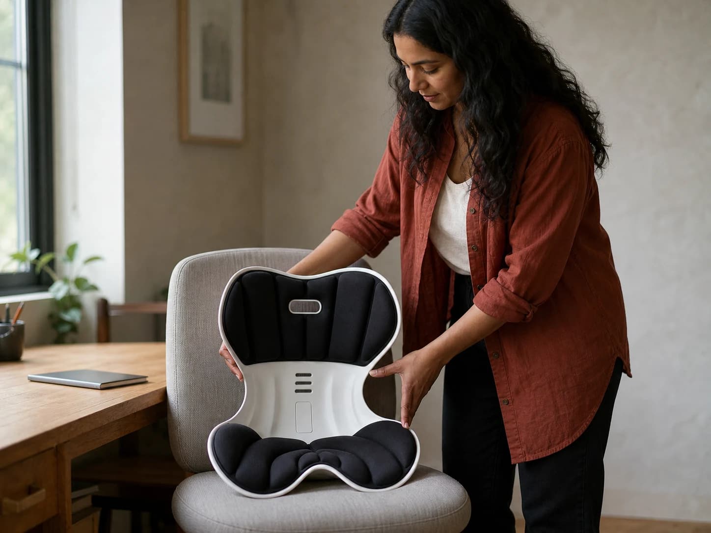 Woman carefully placing the black-and-white PostureShell on a stable chair