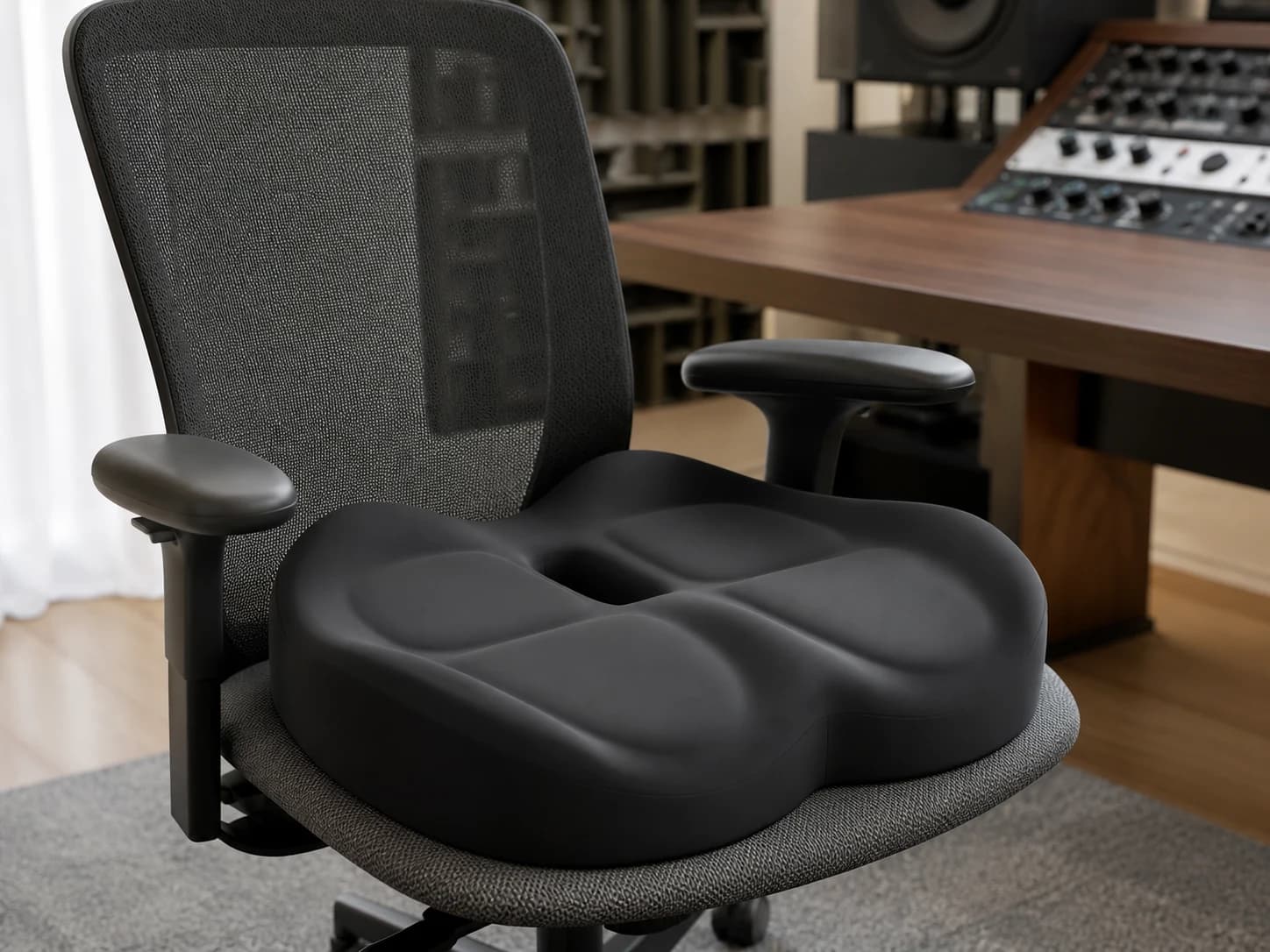 ContourX cushion resting fully on an empty graphite office chair