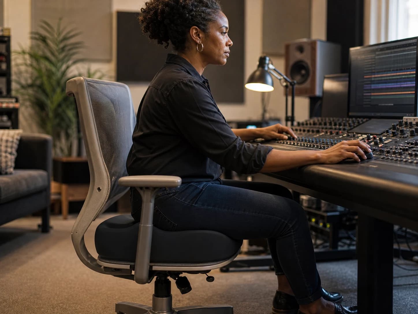 Sound editor seated naturally on the black ContourX cushion