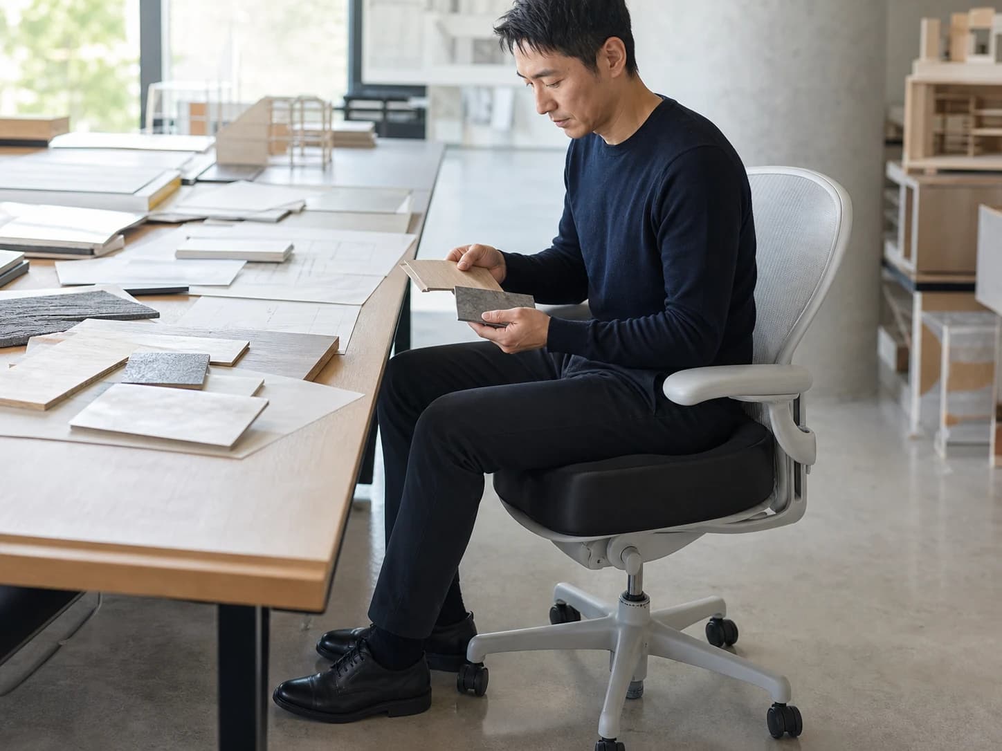 Architect using ContourX while reviewing material samples