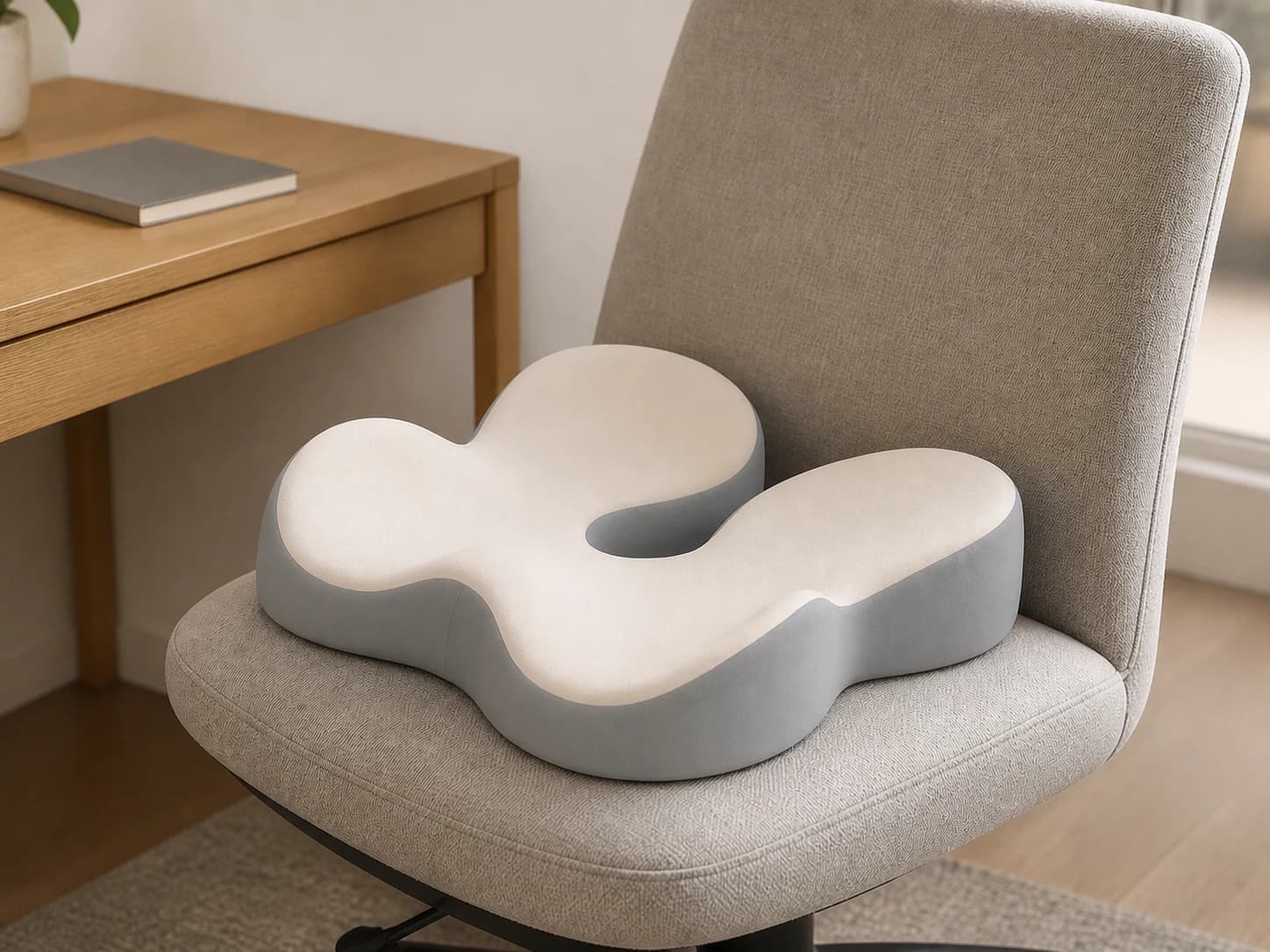 Memory Foam Seat Cushion positioned on a broad armless chair in a home workspace