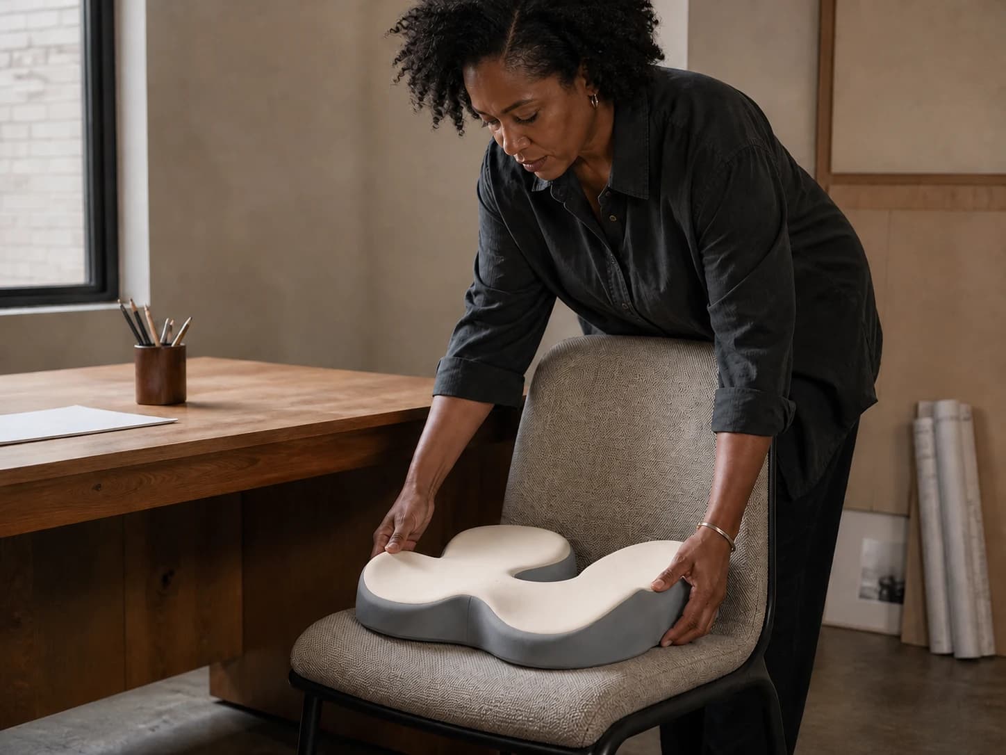Person placing the cream and gray Memory Foam Seat Cushion on a stable chair