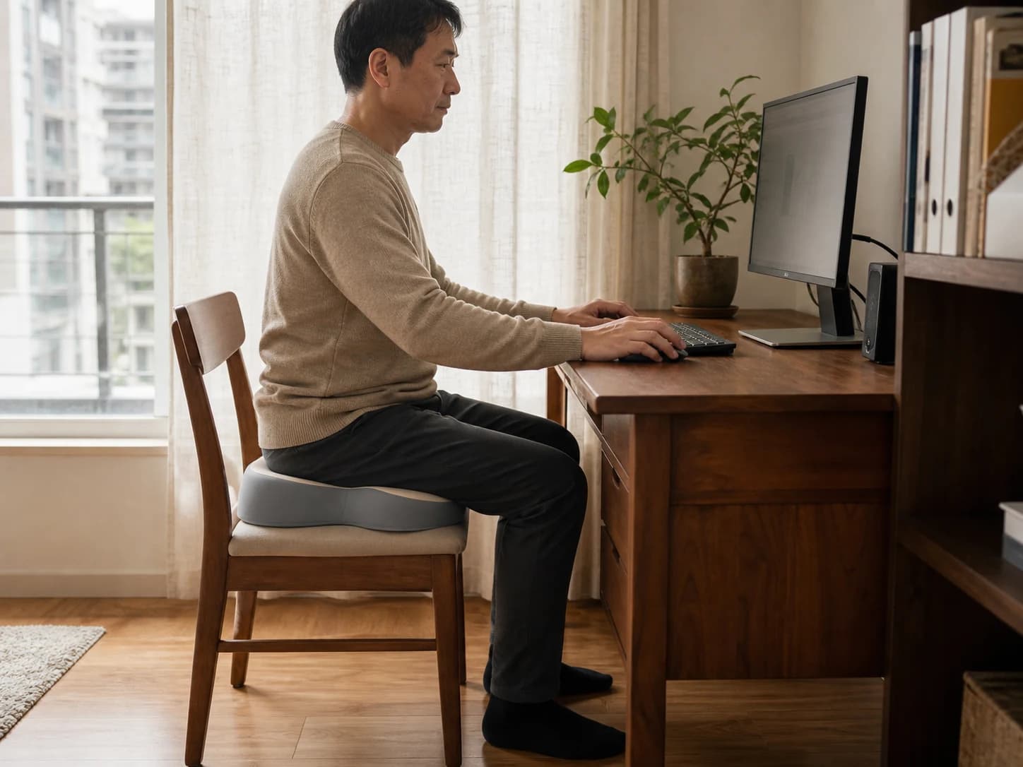 Person working at a home desk while seated on the Memory Foam Seat Cushion