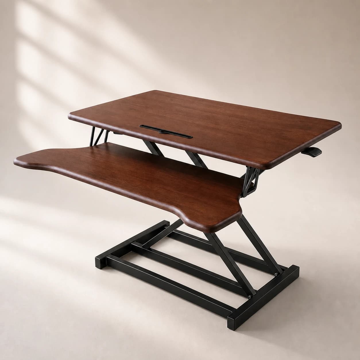 WoodRise 65 cm walnut-colour double-level desk converter on a warm studio background