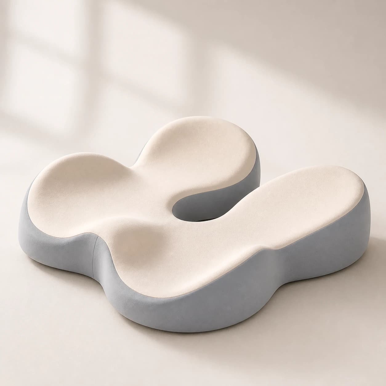 Cream and gray Memory Foam Seat Cushion with a sculpted seat surface and rear U-shaped opening
