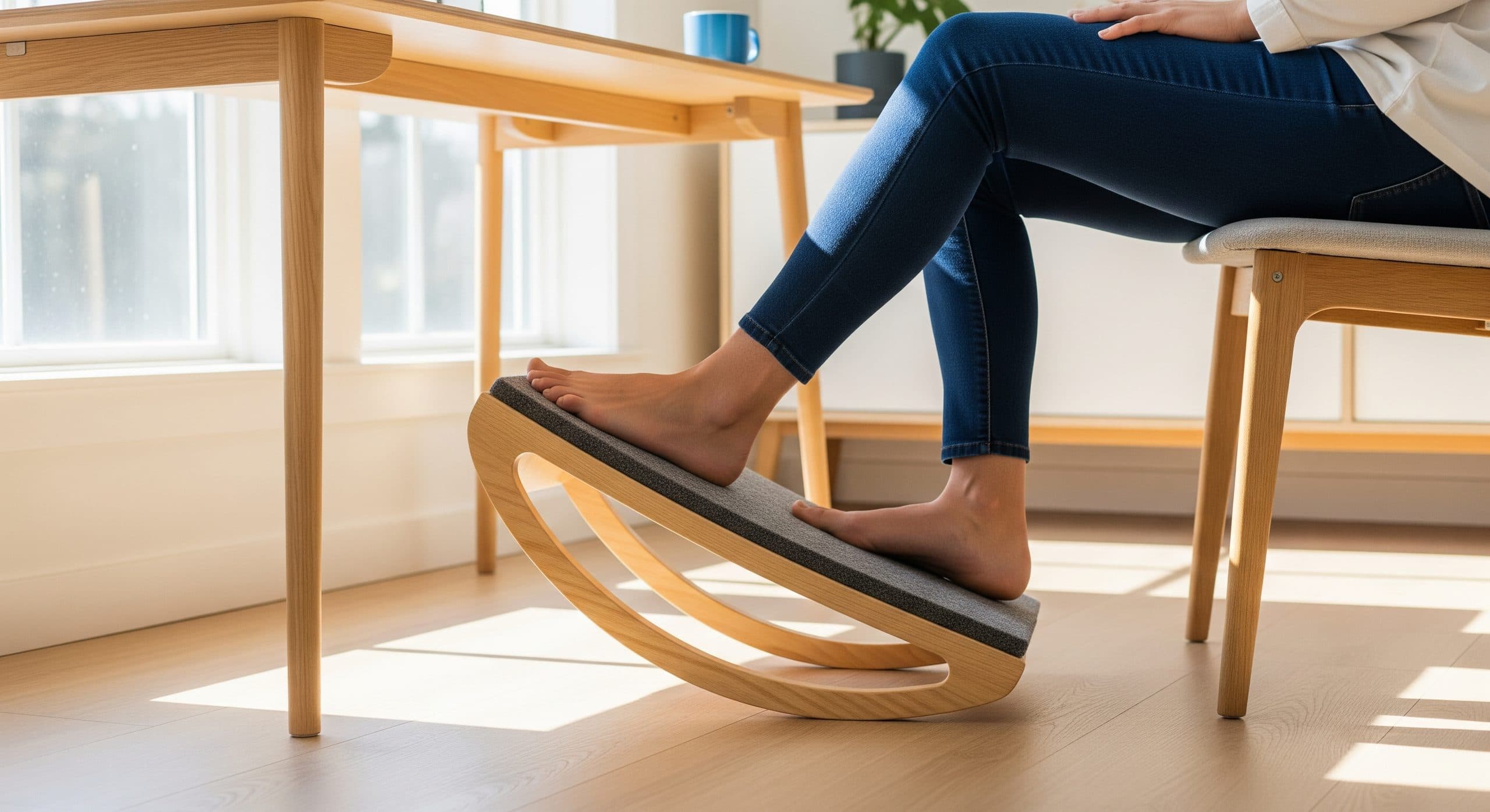 Ergonomic foot rocker with a curved rocking surface under a home-office desk, bare feet resting on it in bright morning light.