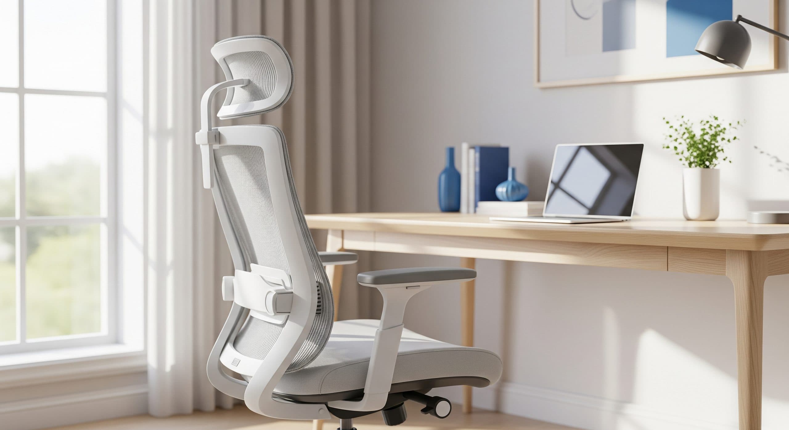 Modern ergonomic office chair with high mesh back and adjustable lumbar support beside a minimalist light-wood desk in a bright home office