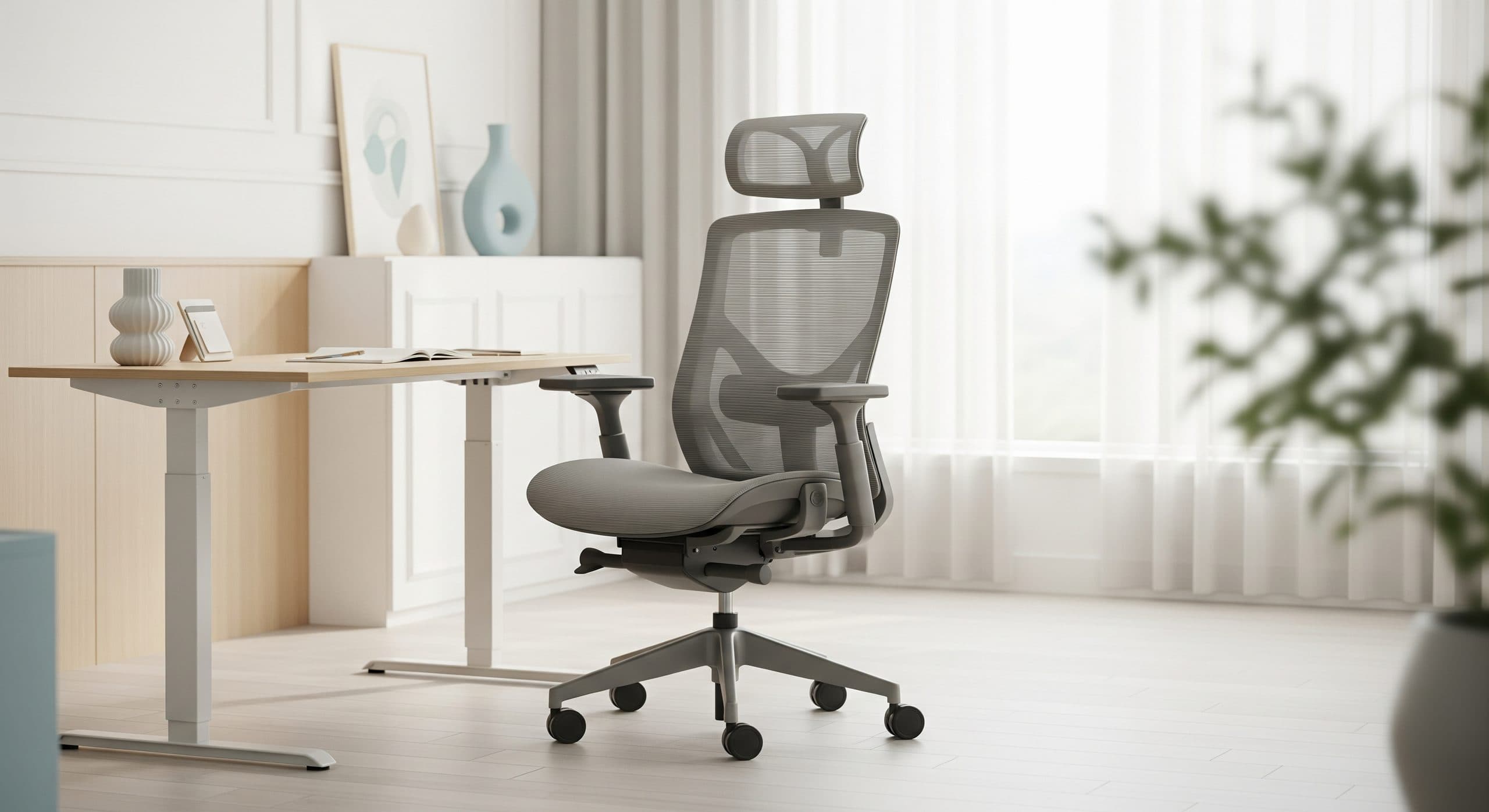 Grey mesh ergonomic office chair with defined lumbar support and a waterfall seat edge beside a light oak height-adjustable desk in a bright minimal home office.