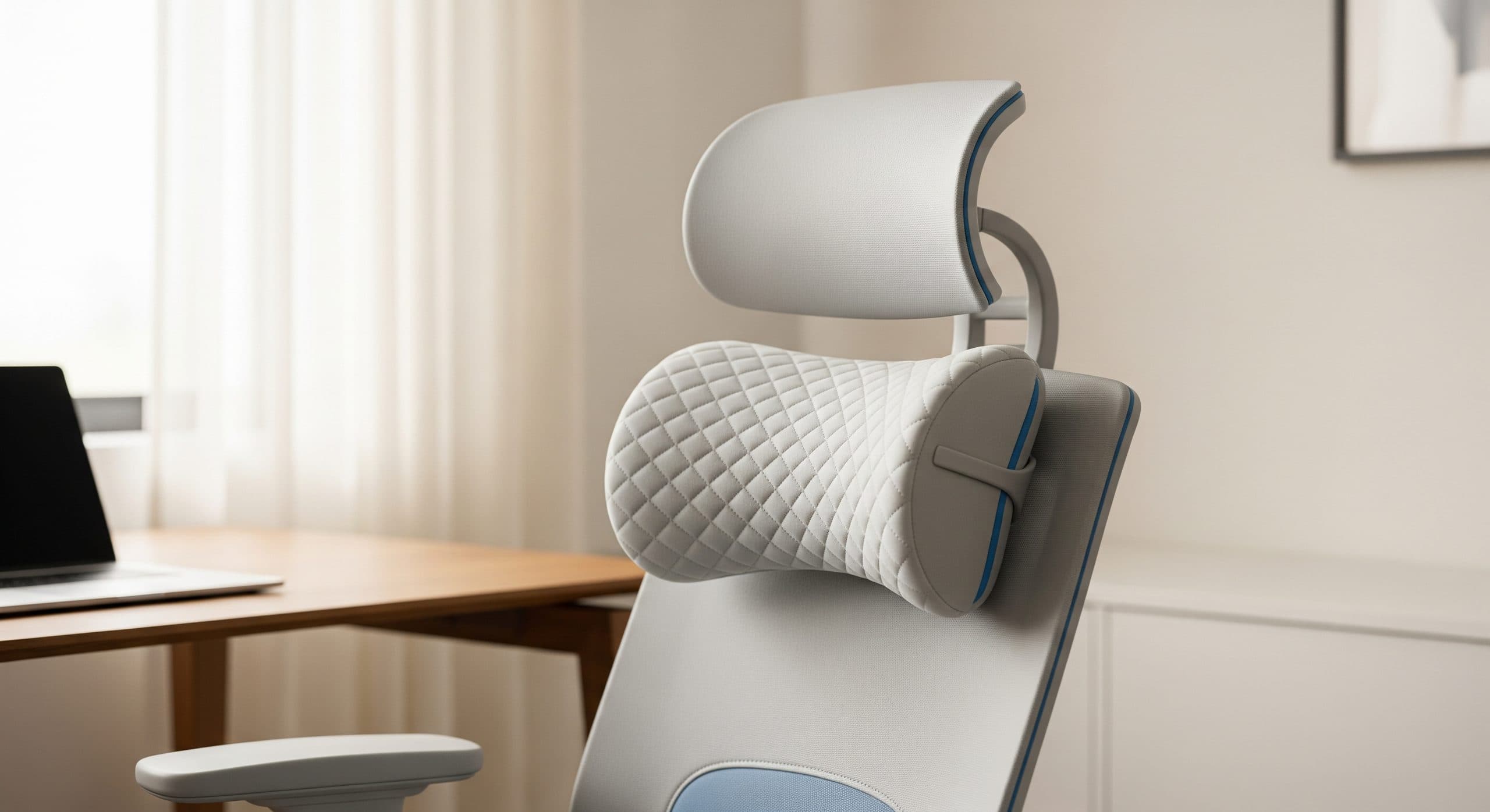 Contoured memory-foam neck support pillow attached to the backrest of a modern ergonomic office chair in a bright, minimal home office
