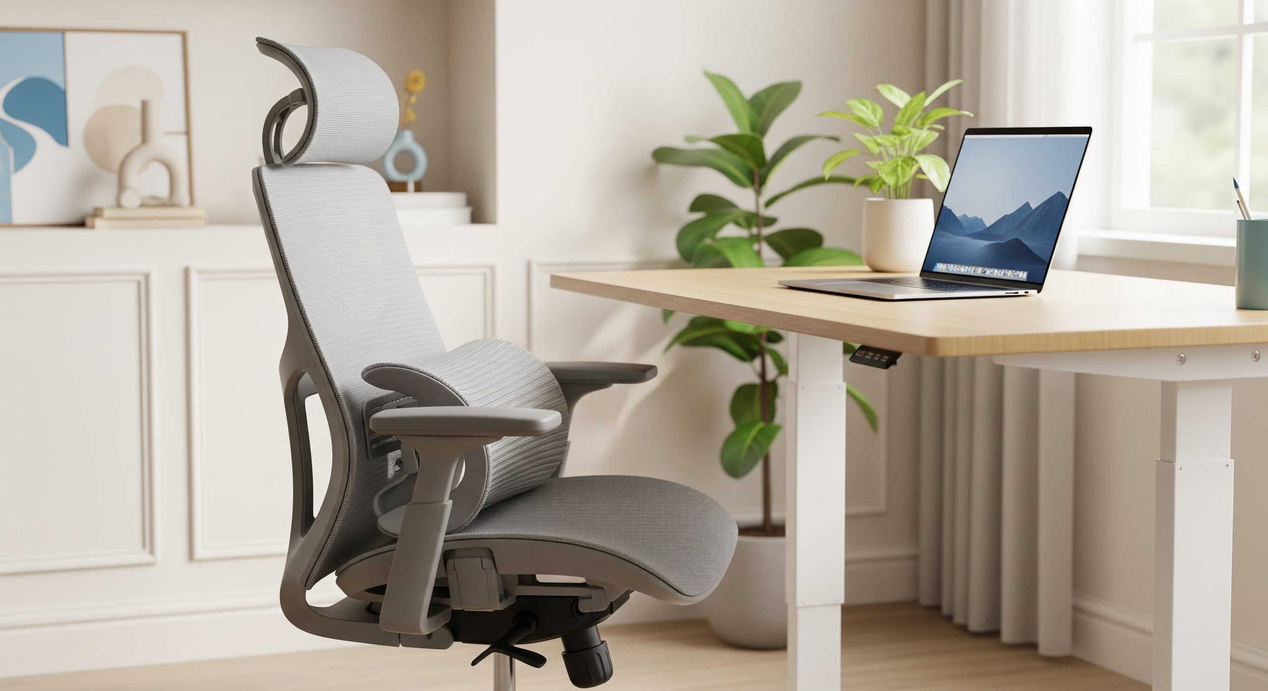 Empty ergonomic mesh office chair with a contoured lumbar support at a light oak standing desk in a bright, minimal home office, side three-quarter angle showing the reclined backrest and natural lumbar curve.