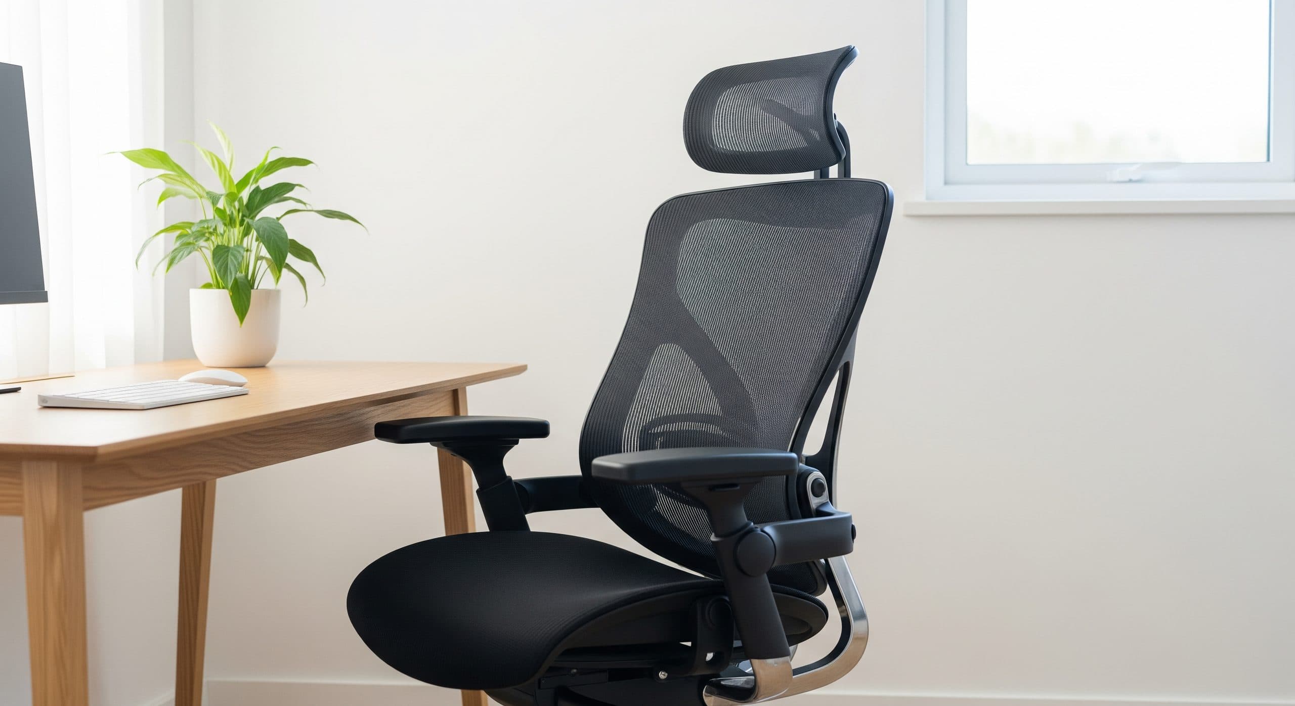 Black mesh ergonomic office chair with contoured lumbar support beside a light oak desk in a bright minimalist home office