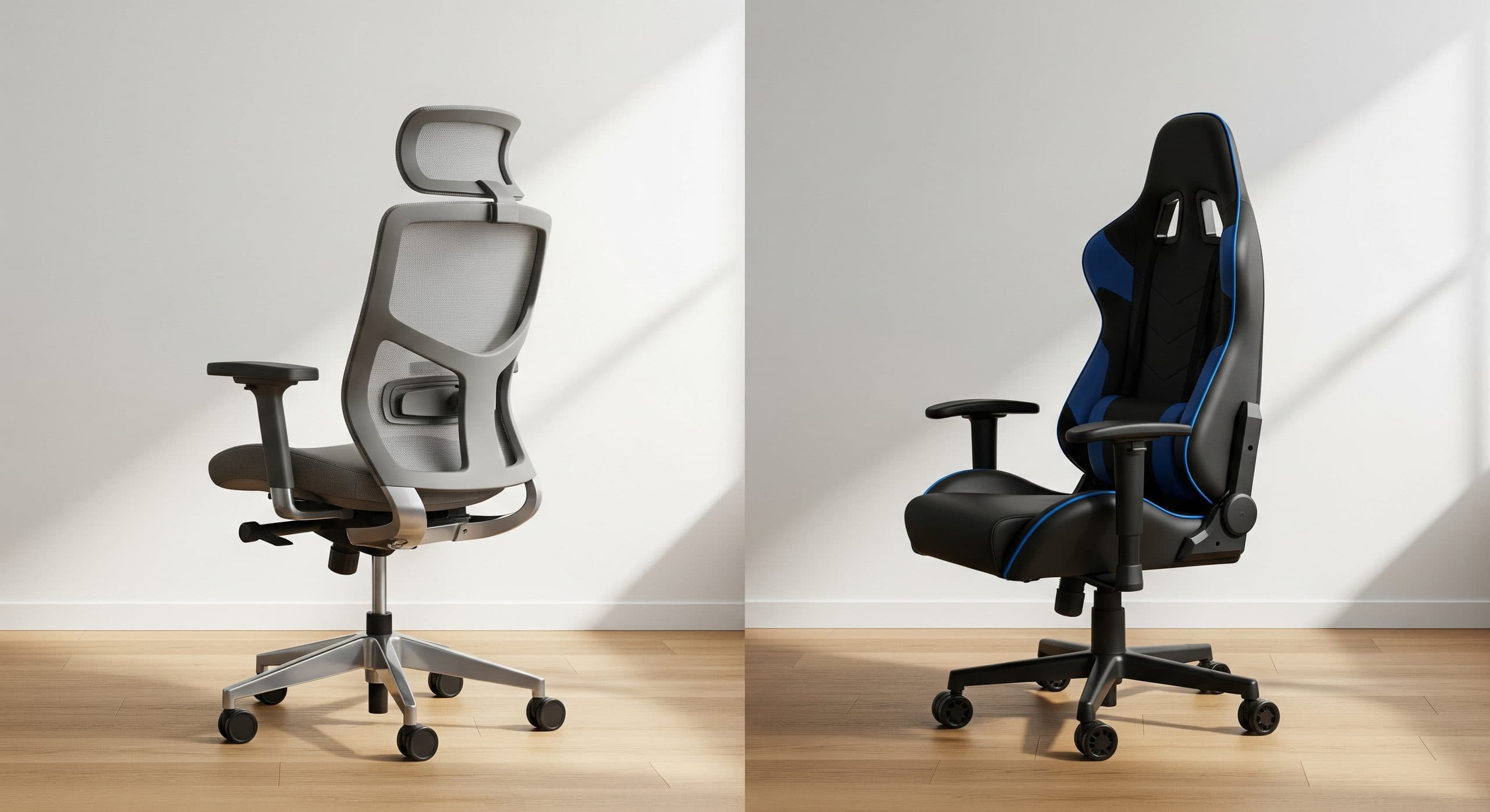 Ergonomic office chair next to a gaming chair compared for back health
