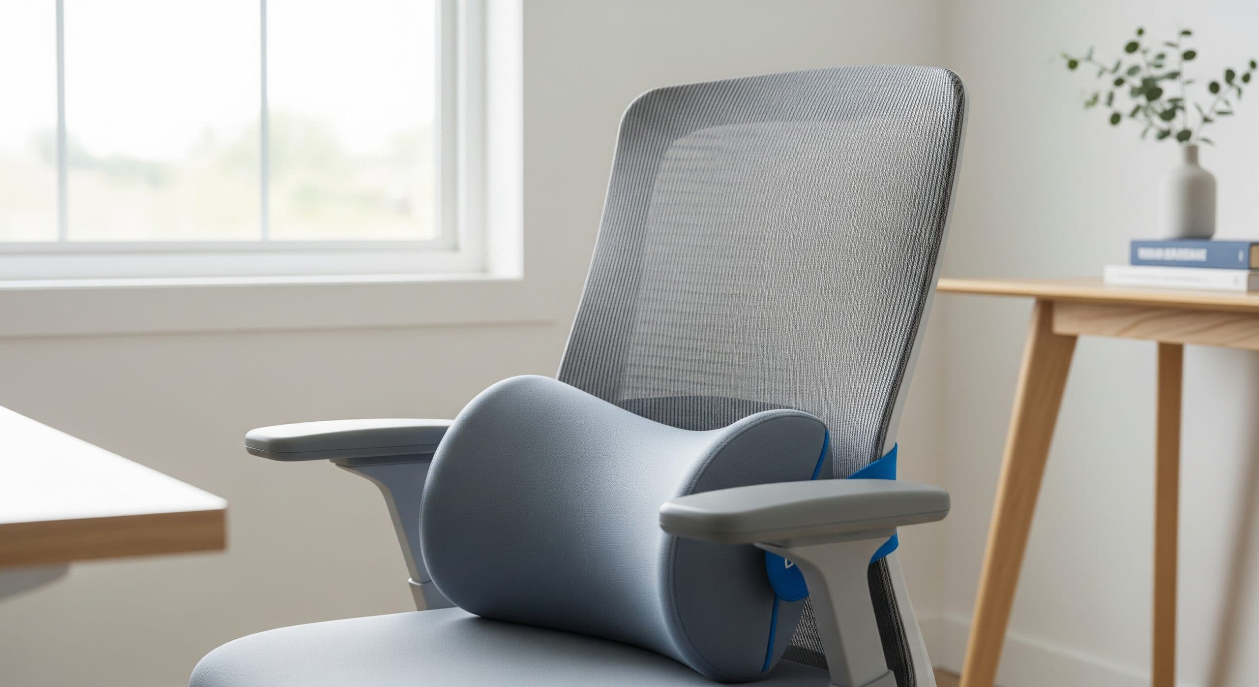 Person using a lumbar support pillow positioned at the lower back curve of an office chair