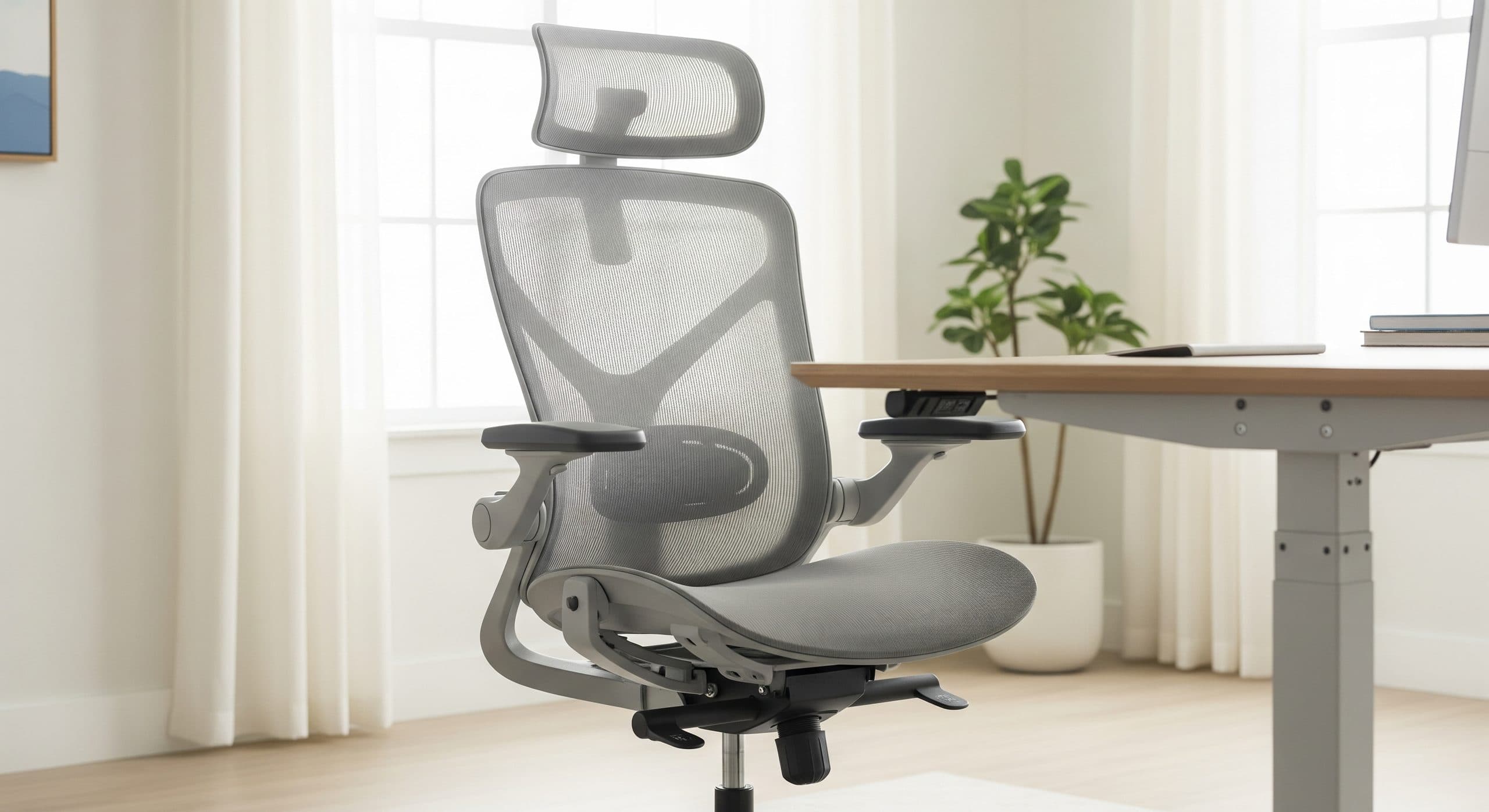 A modern grey ergonomic mesh office chair beside a light oak standing desk in a bright, minimal home office with soft natural daylight