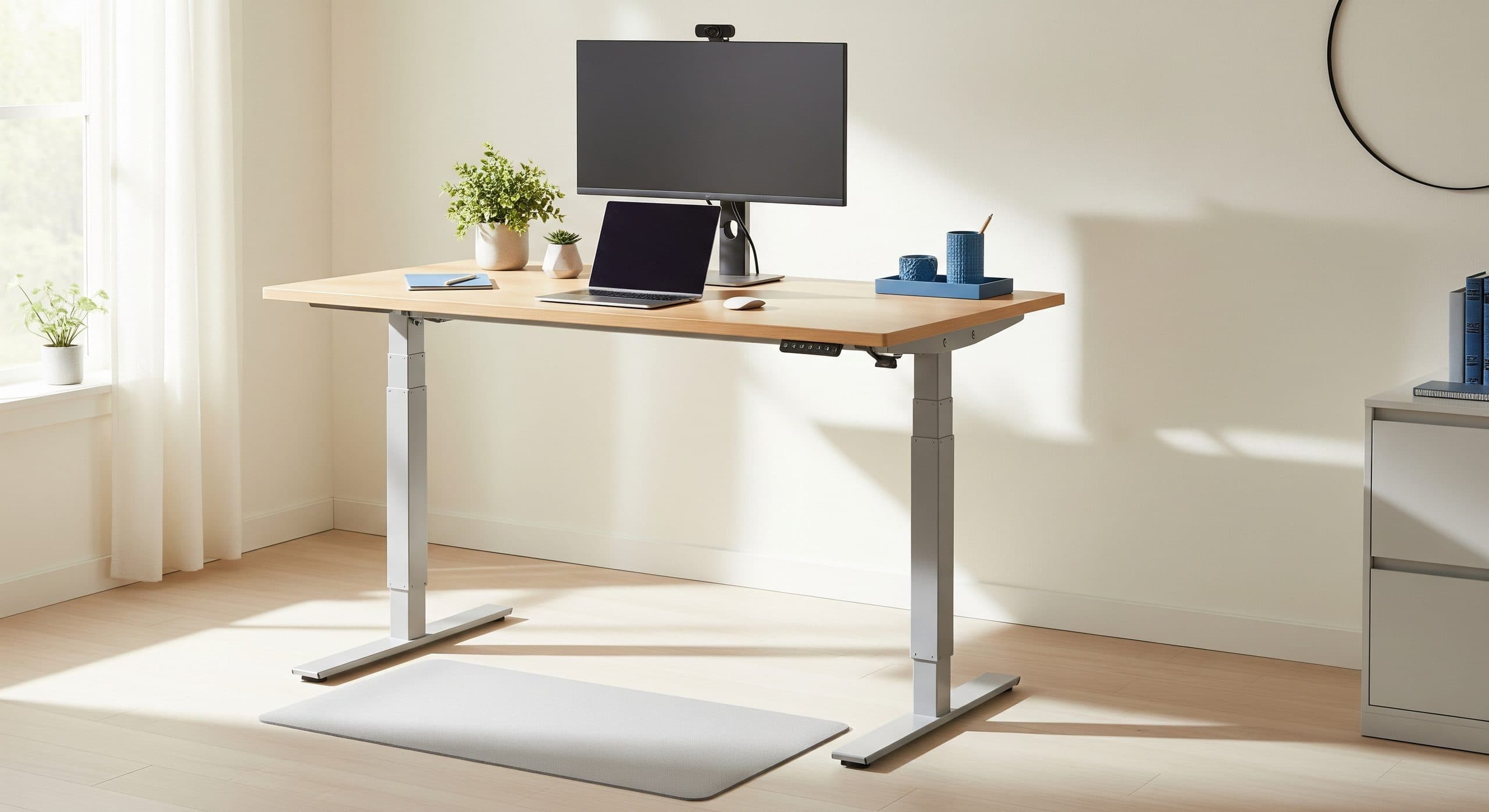 Height-adjustable standing desk raised to standing position in a bright home office, with a laptop, monitor and an ergonomic chair pushed in beneath it