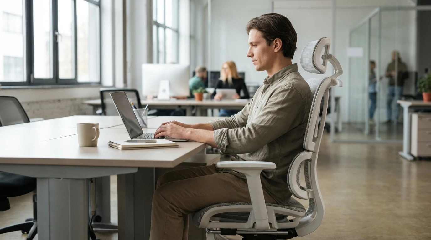 Man with correct posture working at desk in ergonomic office chair in open-plan office