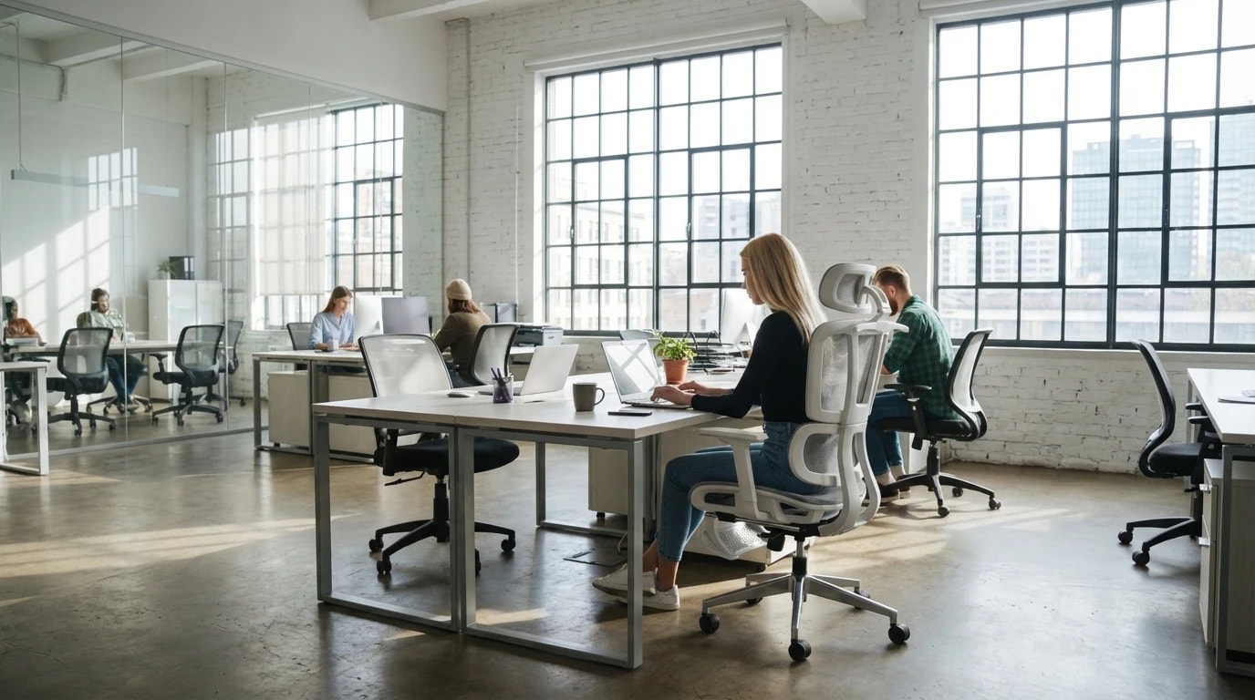 Team working in modern office with ergonomic chairs and natural light
