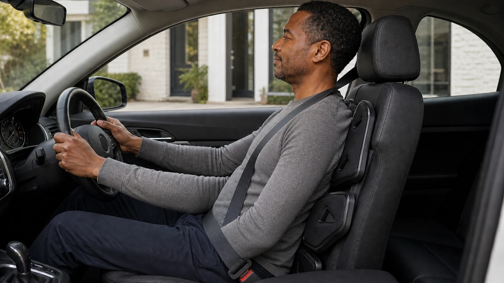 Black DriveFlex 4 Back Support secured to a compatible vehicle seat while parked