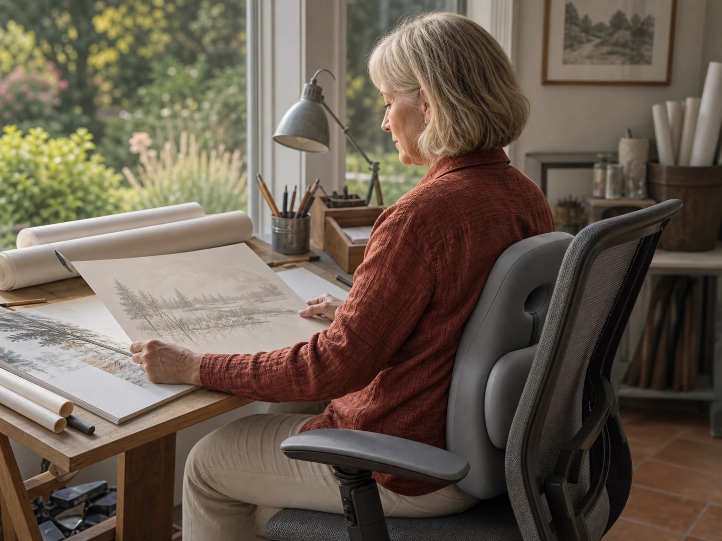 Older adult seated with the HaloBack cushion while reviewing landscape drawings