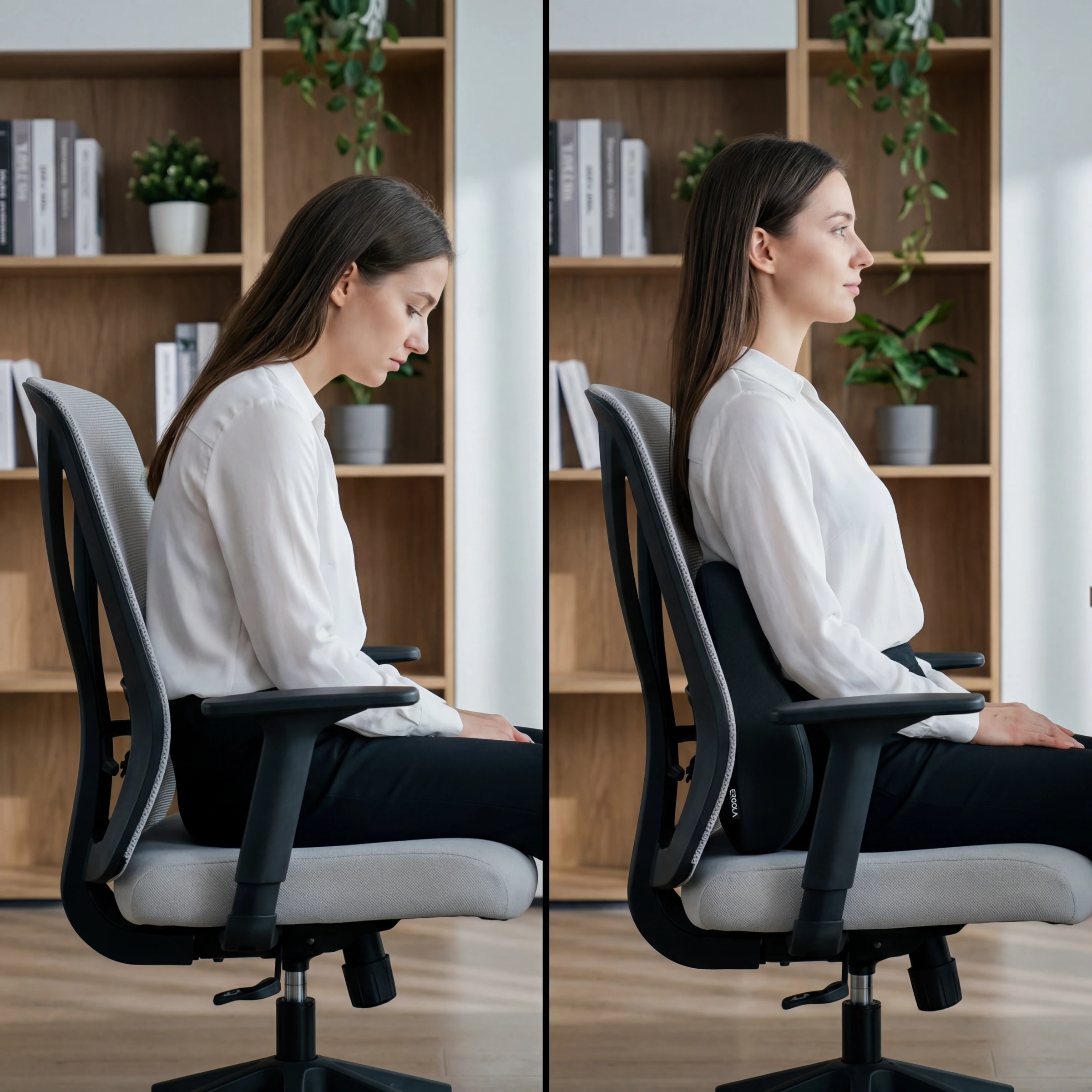 Posture comparison — spine alignment before and after lumbar support