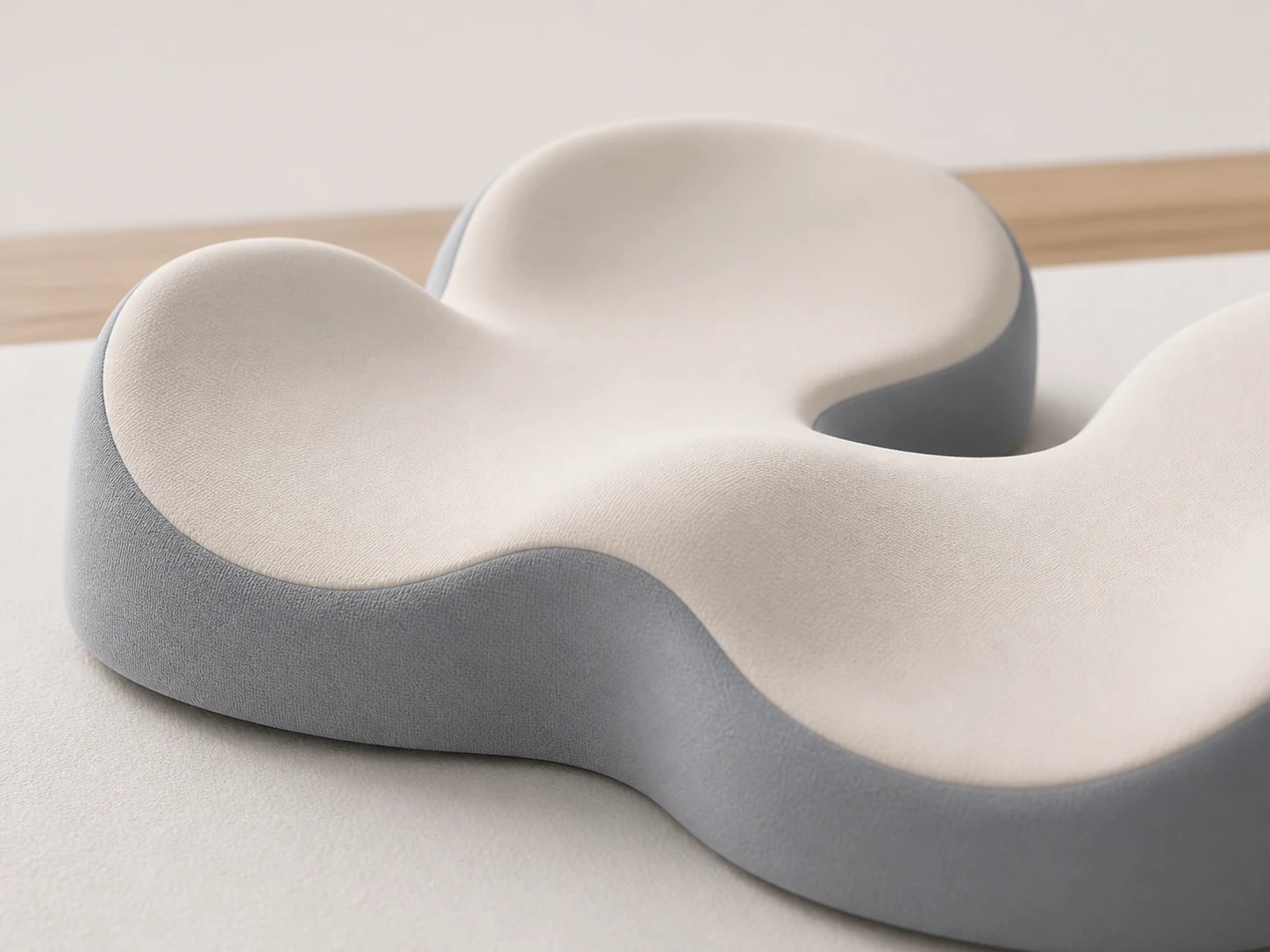 Overhead view of the sculpted cream seating surface and open rear tailbone channel