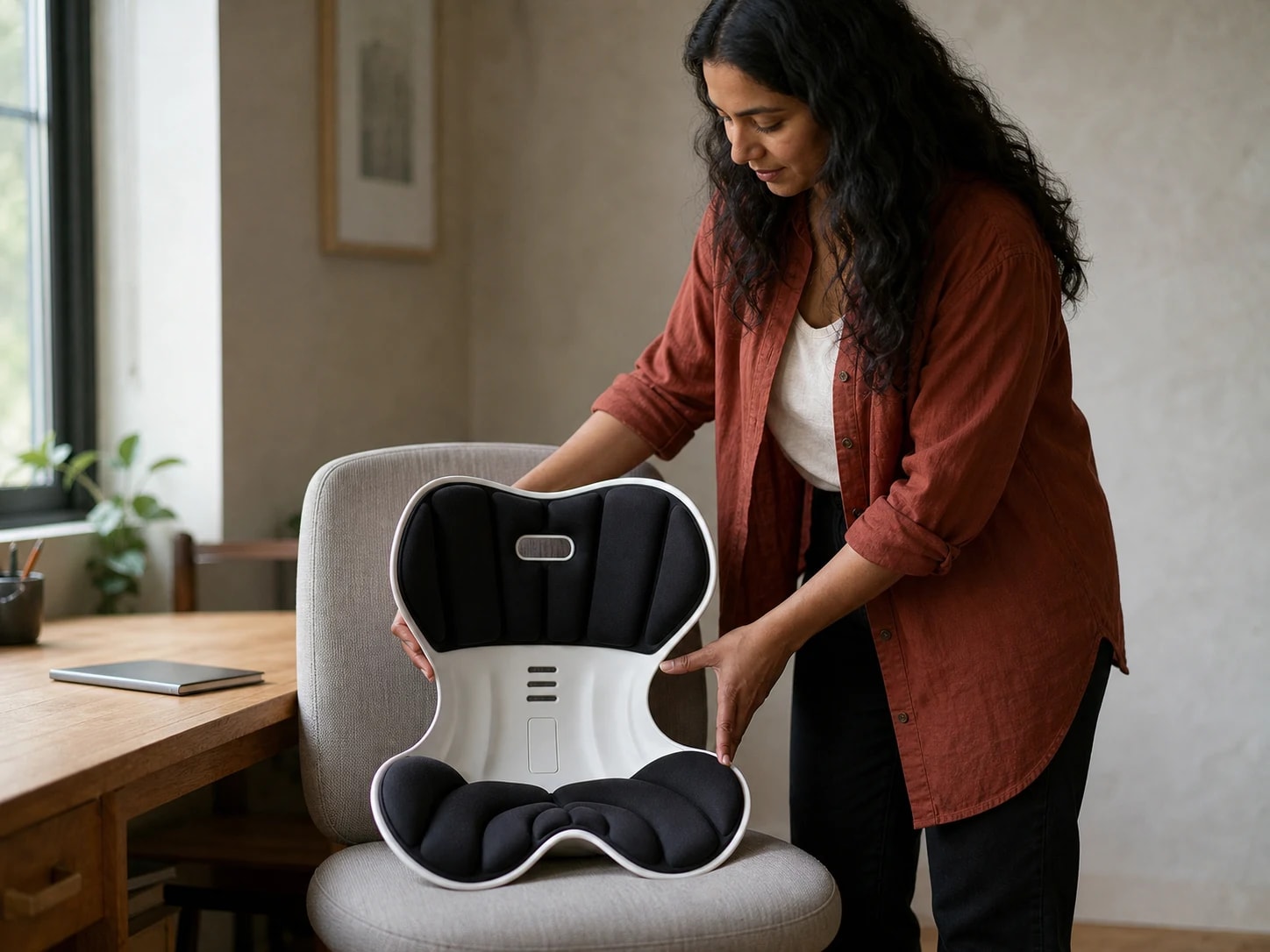 Woman carefully positioning the black-and-white PostureShell Support Seat on a broad chair