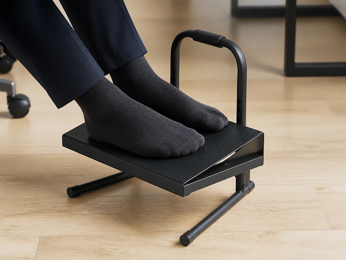 Both feet resting on the wide textured platform of RiseRest 6