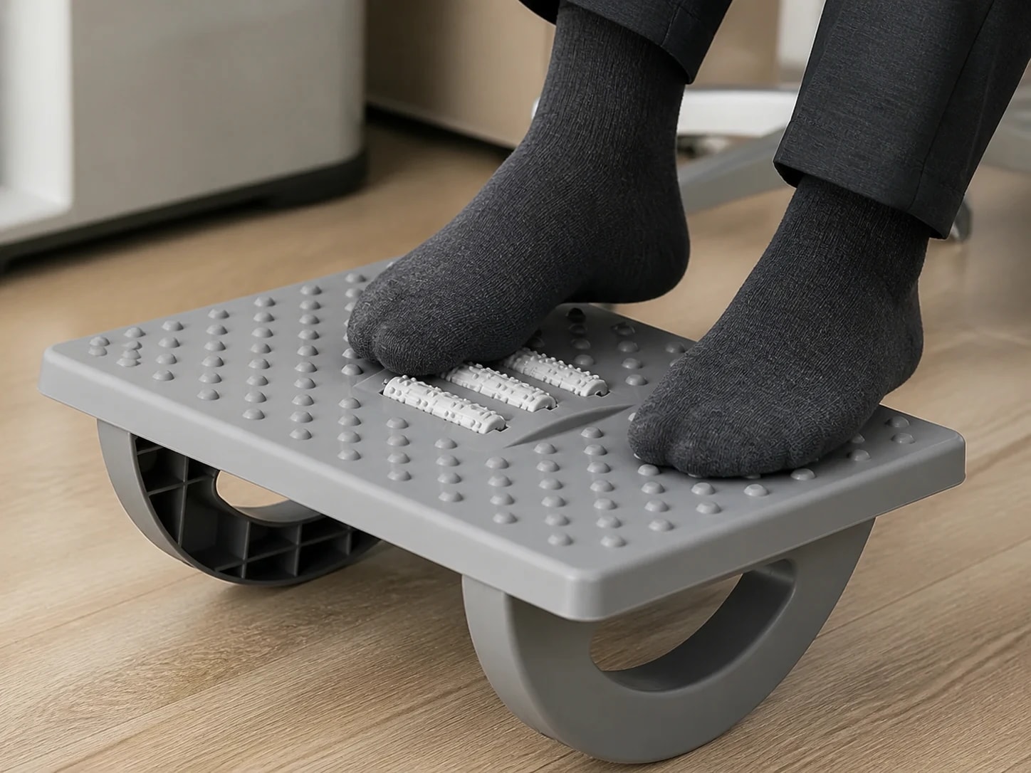 Sock-covered feet guiding the gray RollArc footrest through a gentle rocking motion